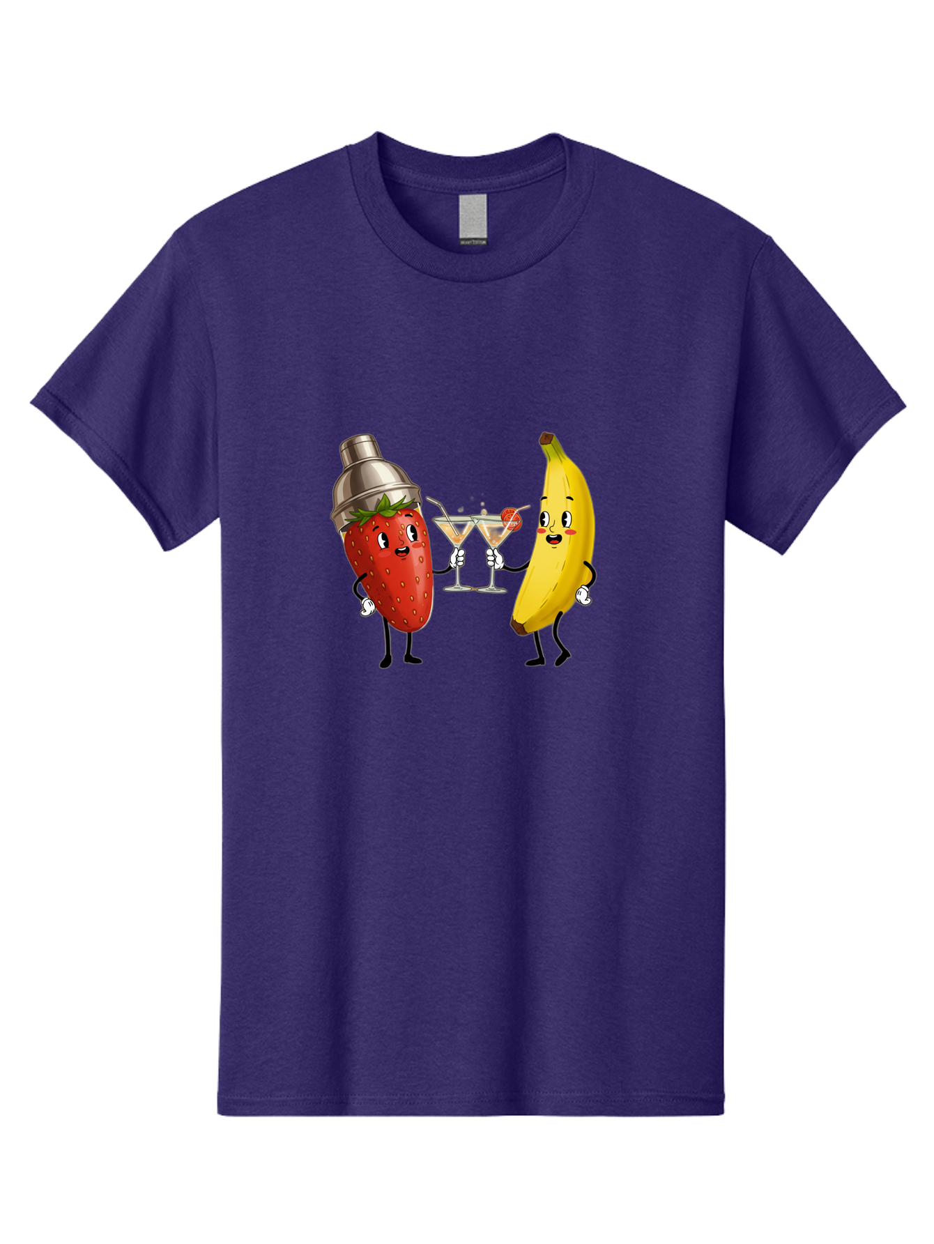 Strawberry-Banana-Cocktail Men'S Graphic Tee, 100% Cotton, Comfortable Casual Summer Wear, Machine Washable, Cartoon Strawberry, Cocktail Shaker, Martini Glasses, Banana Character, Fruit Cocktail, Funny Illustration, Animated Fruit, Bad738