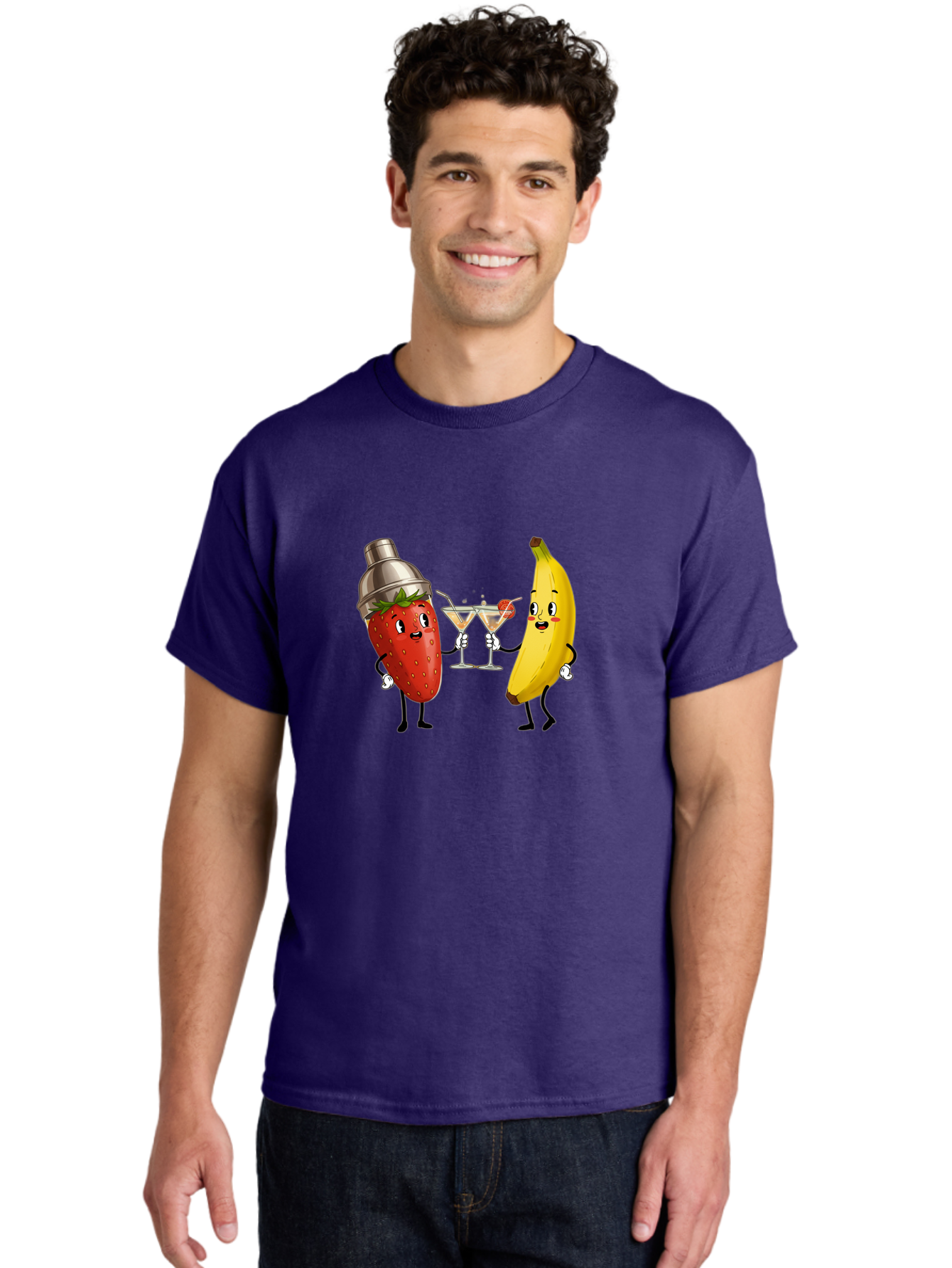 Strawberry-Banana-Cocktail Men'S Graphic Tee, 100% Cotton, Comfortable Casual Summer Wear, Machine Washable, Cartoon Strawberry, Cocktail Shaker, Martini Glasses, Banana Character, Fruit Cocktail, Funny Illustration, Animated Fruit, Bad738