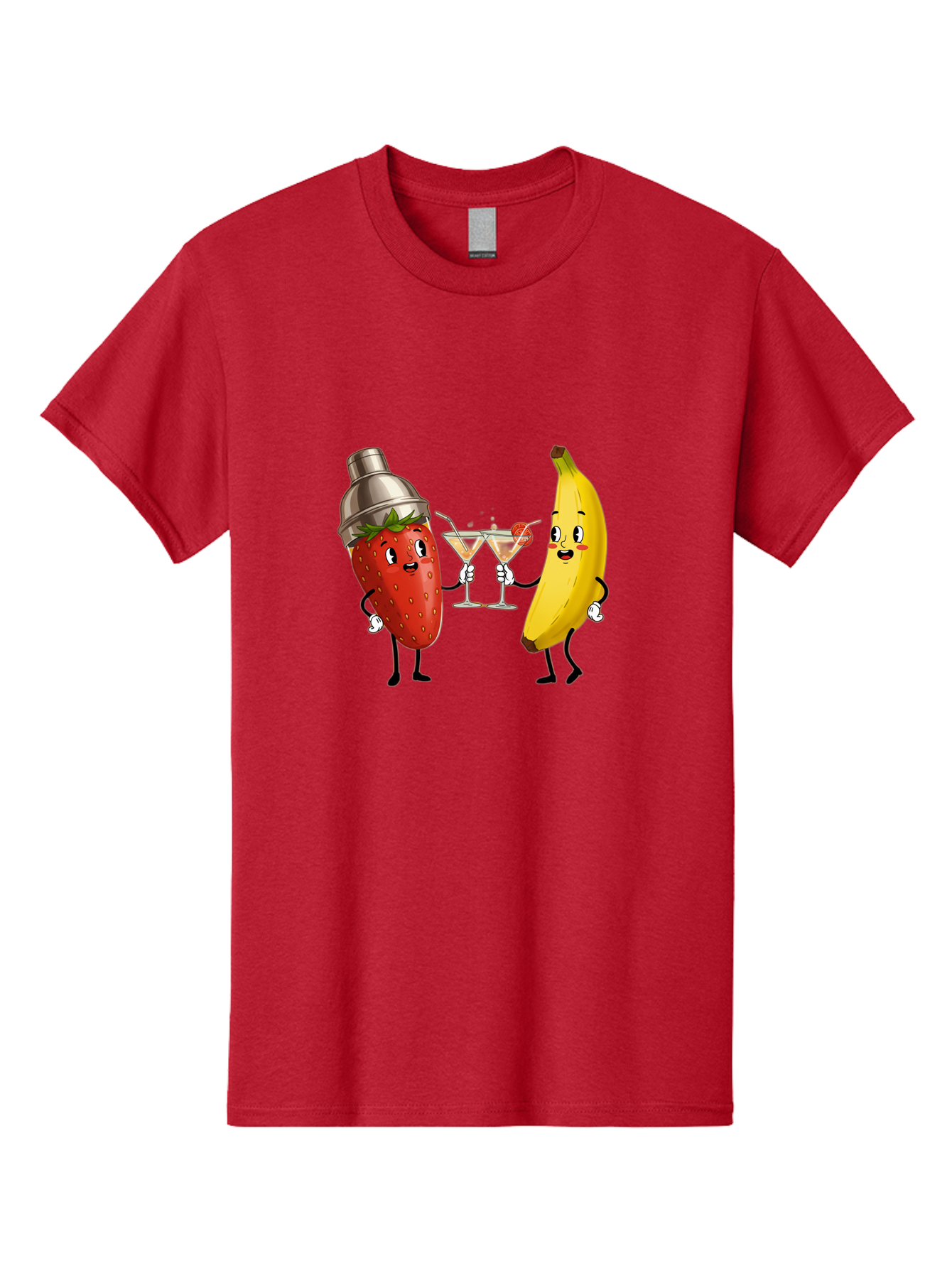 Strawberry-Banana-Cocktail Men'S Graphic Tee, 100% Cotton, Comfortable Casual Summer Wear, Machine Washable, Cartoon Strawberry, Cocktail Shaker, Martini Glasses, Banana Character, Fruit Cocktail, Funny Illustration, Animated Fruit, Bad738