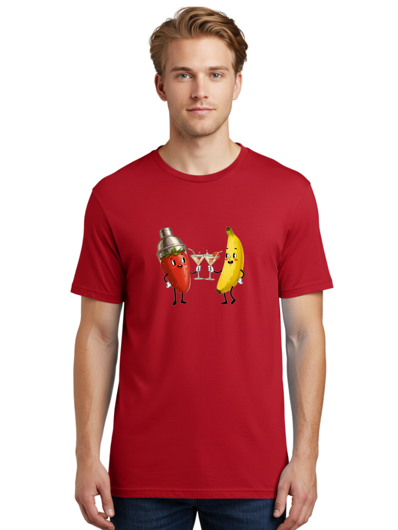 Strawberry-Banana-Cocktail Men'S Graphic Tee, 100% Cotton, Comfortable Casual Summer Wear, Machine Washable, Cartoon Strawberry, Cocktail Shaker, Martini Glasses, Banana Character, Fruit Cocktail, Funny Illustration, Animated Fruit, Bad738