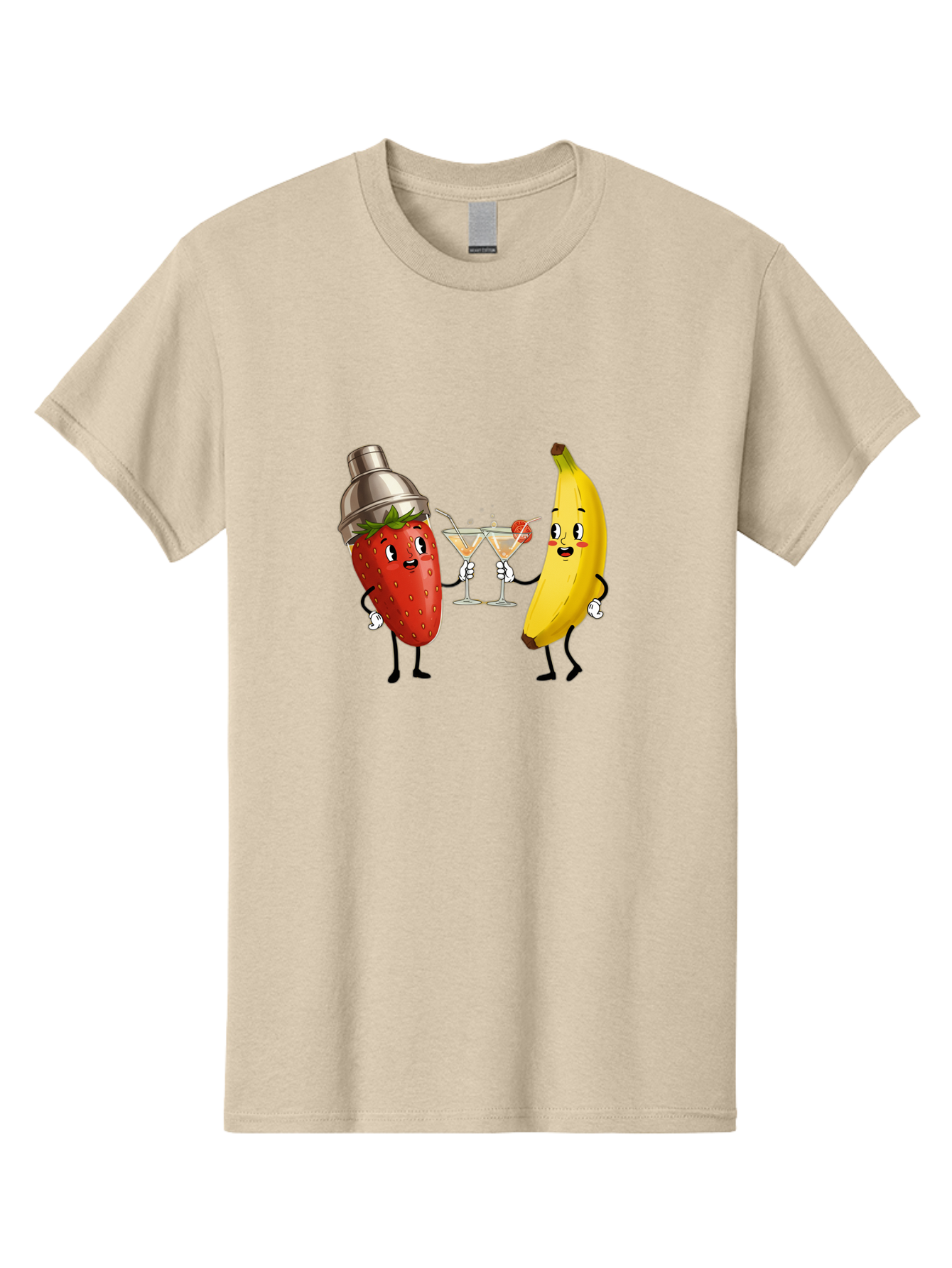 Strawberry-Banana-Cocktail Men'S Graphic Tee, 100% Cotton, Comfortable Casual Summer Wear, Machine Washable, Cartoon Strawberry, Cocktail Shaker, Martini Glasses, Banana Character, Fruit Cocktail, Funny Illustration, Animated Fruit, Bad738