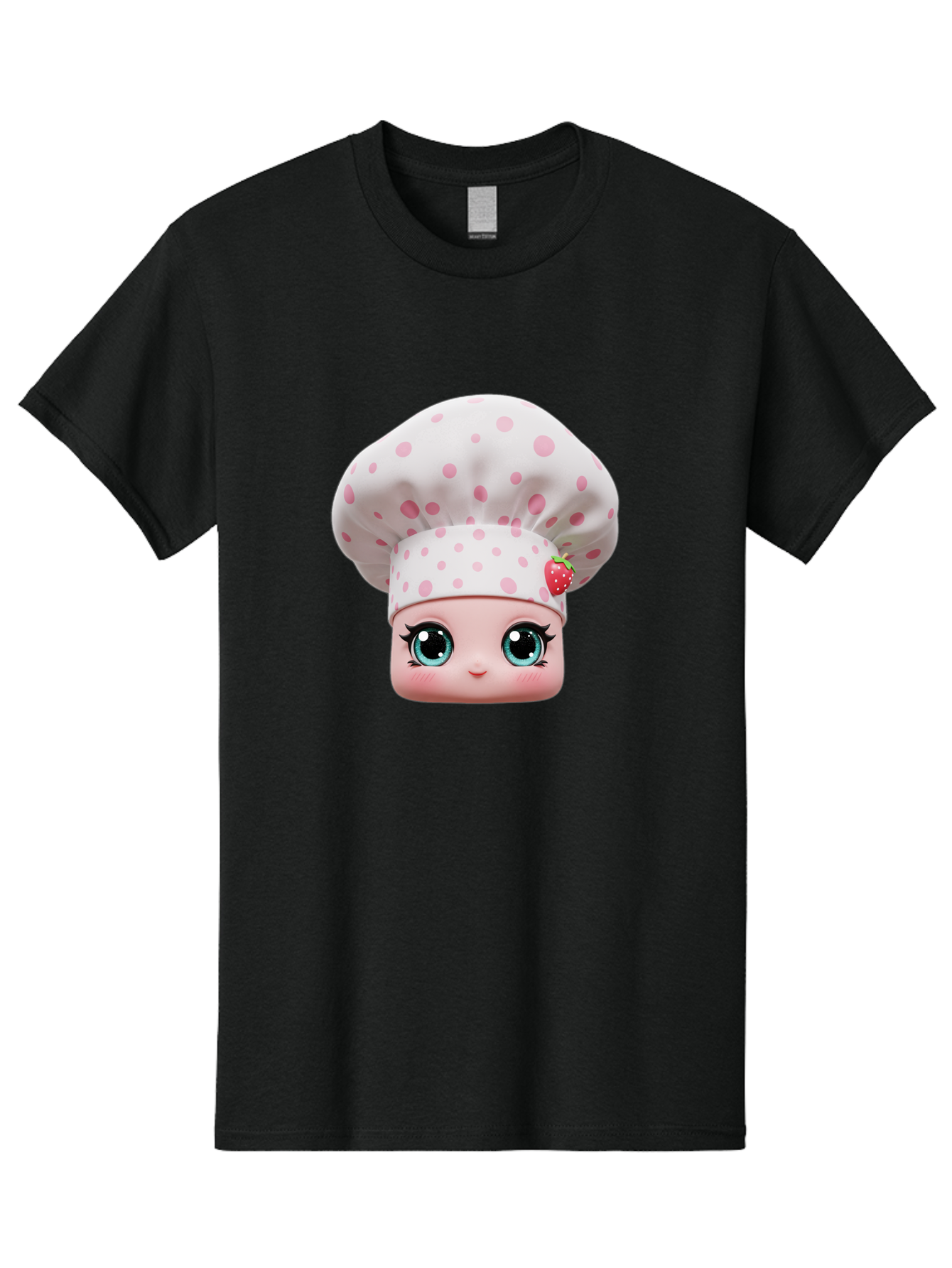 Strawberry-Chef-Head Men'S Graphic Tee, 100% Cotton, Comfortable Casual Summer Wear, Machine Washable, Cartoon Character, Chef Hat, Strawberry Decoration, Pink Polka Dots, Blue Eyes, Pastel Colors, Cute Face, Baking Theme, Sweet Treats, Bad739