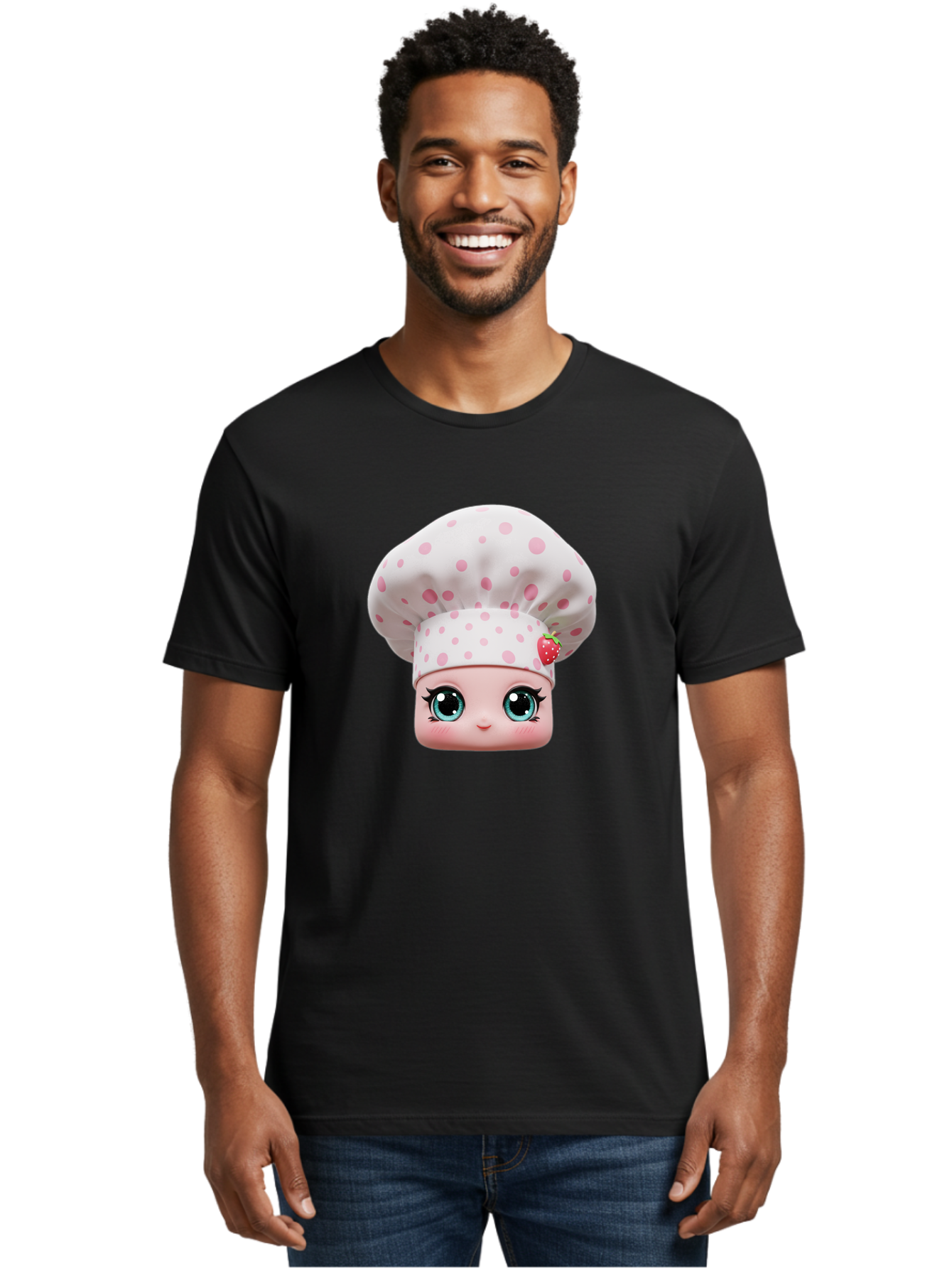 Strawberry-Chef-Head Men'S Graphic Tee, 100% Cotton, Comfortable Casual Summer Wear, Machine Washable, Cartoon Character, Chef Hat, Strawberry Decoration, Pink Polka Dots, Blue Eyes, Pastel Colors, Cute Face, Baking Theme, Sweet Treats, Bad739