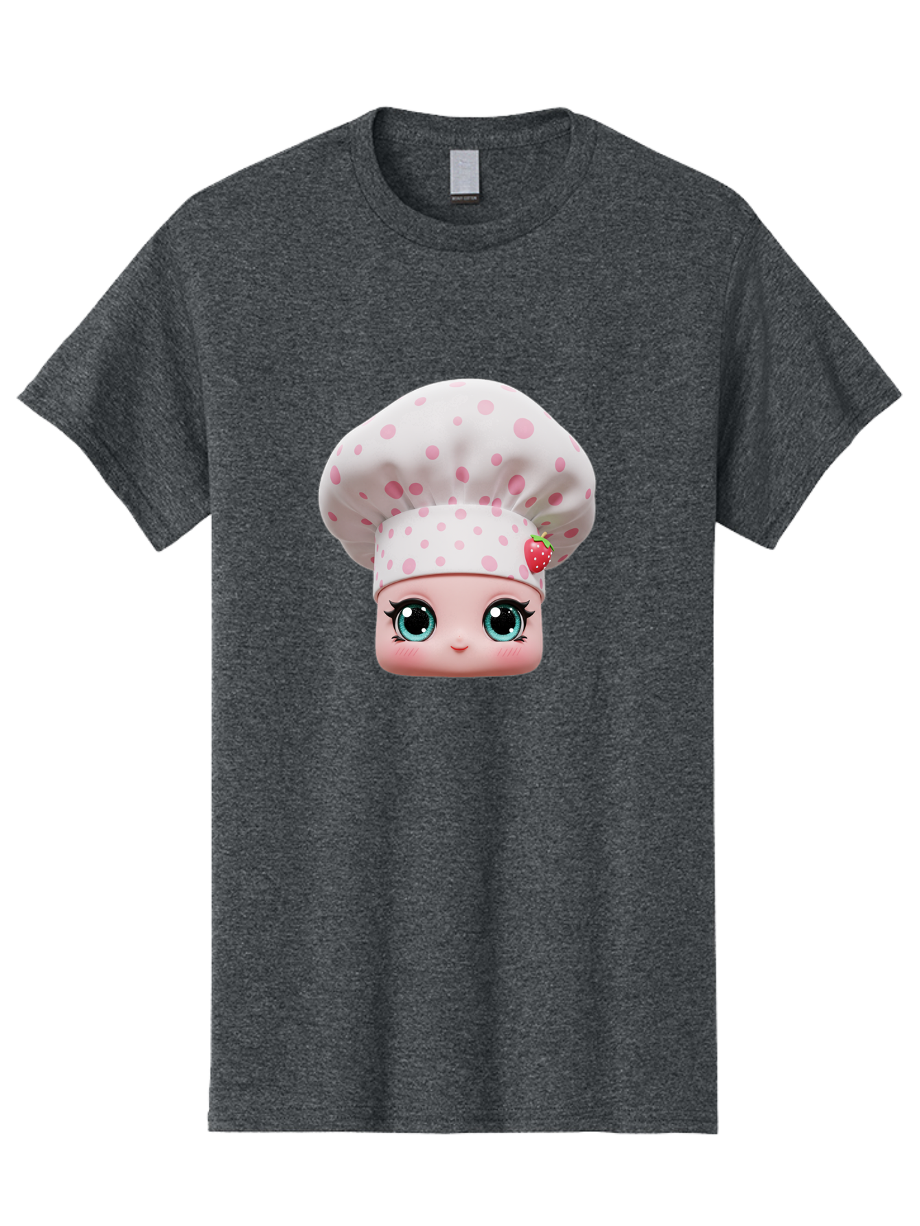 Strawberry-Chef-Head Men'S Graphic Tee, 100% Cotton, Comfortable Casual Summer Wear, Machine Washable, Cartoon Character, Chef Hat, Strawberry Decoration, Pink Polka Dots, Blue Eyes, Pastel Colors, Cute Face, Baking Theme, Sweet Treats, Bad739