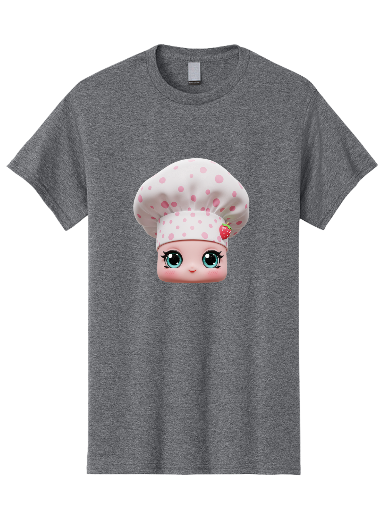 Strawberry-Chef-Head Men'S Graphic Tee, 100% Cotton, Comfortable Casual Summer Wear, Machine Washable, Cartoon Character, Chef Hat, Strawberry Decoration, Pink Polka Dots, Blue Eyes, Pastel Colors, Cute Face, Baking Theme, Sweet Treats, Bad739