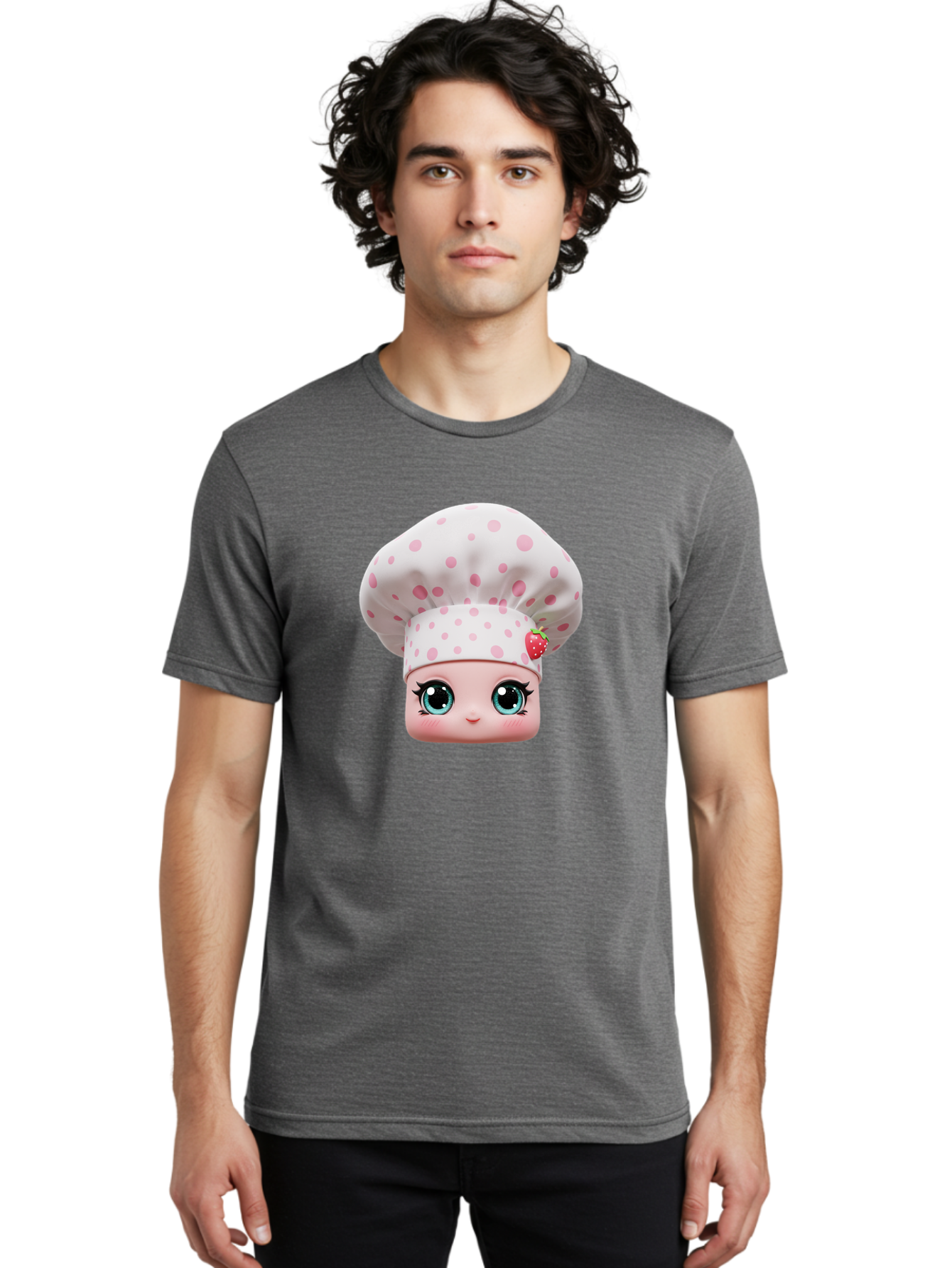 Strawberry-Chef-Head Men'S Graphic Tee, 100% Cotton, Comfortable Casual Summer Wear, Machine Washable, Cartoon Character, Chef Hat, Strawberry Decoration, Pink Polka Dots, Blue Eyes, Pastel Colors, Cute Face, Baking Theme, Sweet Treats, Bad739