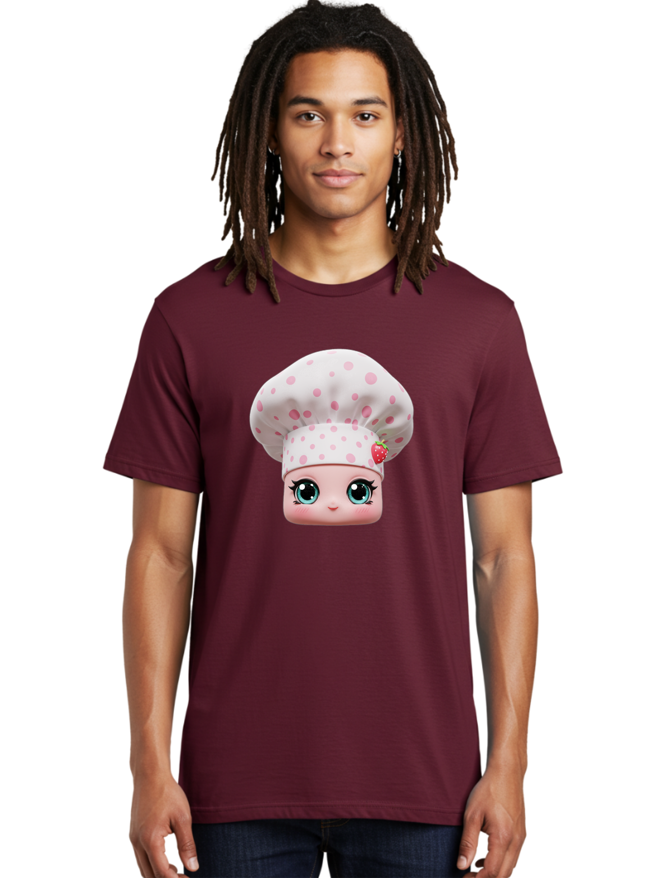 Strawberry-Chef-Head Men'S Graphic Tee, 100% Cotton, Comfortable Casual Summer Wear, Machine Washable, Cartoon Character, Chef Hat, Strawberry Decoration, Pink Polka Dots, Blue Eyes, Pastel Colors, Cute Face, Baking Theme, Sweet Treats, Bad739