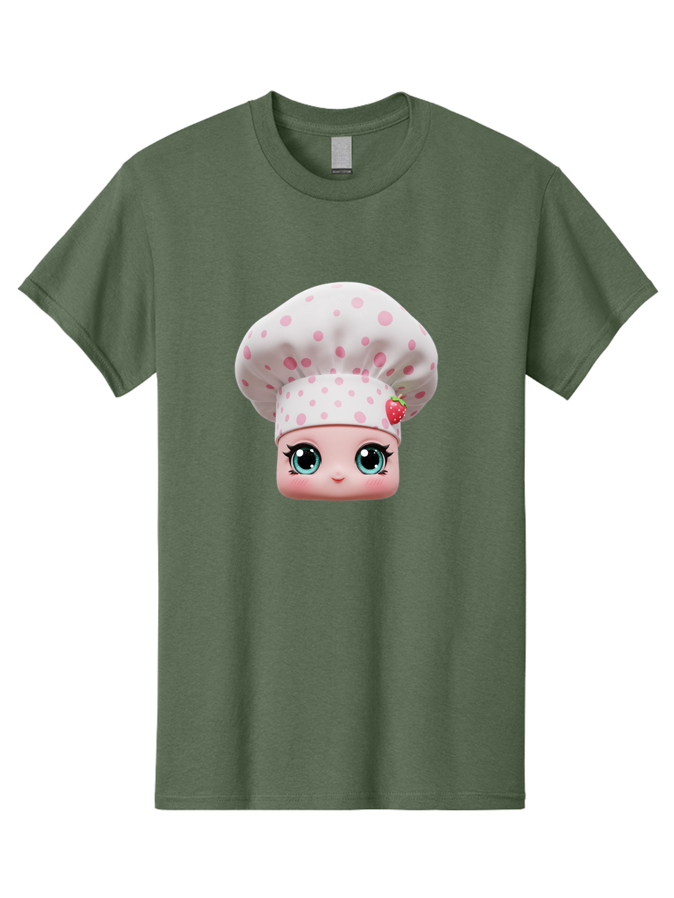 Strawberry-Chef-Head Men'S Graphic Tee, 100% Cotton, Comfortable Casual Summer Wear, Machine Washable, Cartoon Character, Chef Hat, Strawberry Decoration, Pink Polka Dots, Blue Eyes, Pastel Colors, Cute Face, Baking Theme, Sweet Treats, Bad739