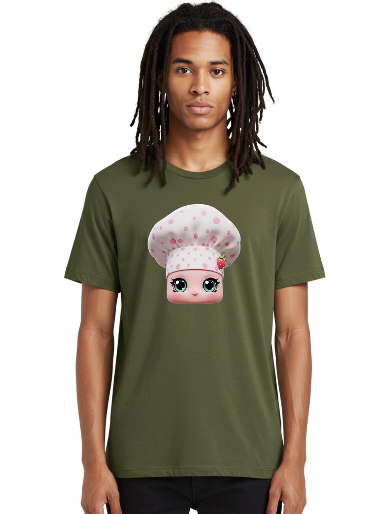 Strawberry-Chef-Head Men'S Graphic Tee, 100% Cotton, Comfortable Casual Summer Wear, Machine Washable, Cartoon Character, Chef Hat, Strawberry Decoration, Pink Polka Dots, Blue Eyes, Pastel Colors, Cute Face, Baking Theme, Sweet Treats, Bad739
