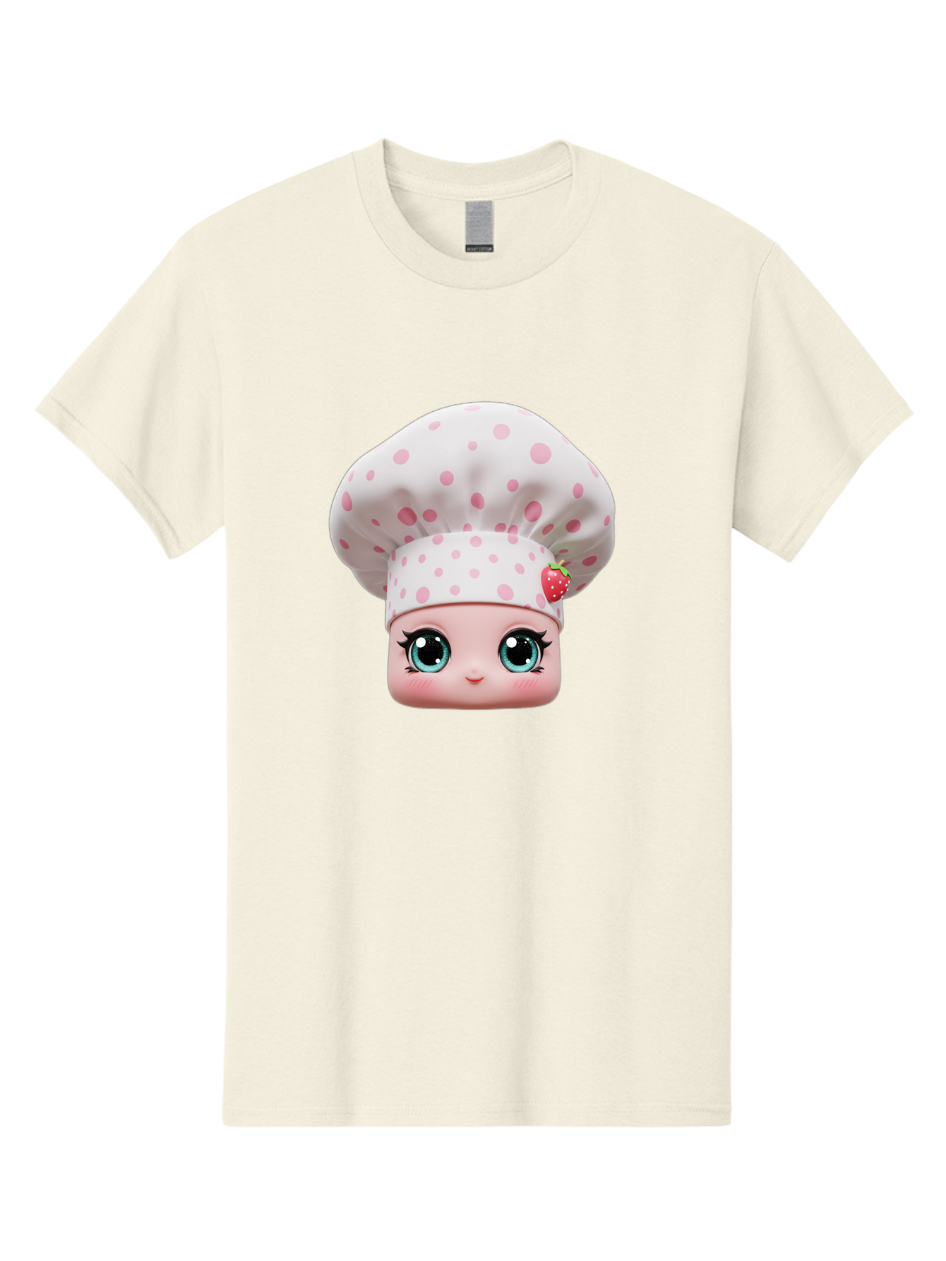 Strawberry-Chef-Head Men'S Graphic Tee, 100% Cotton, Comfortable Casual Summer Wear, Machine Washable, Cartoon Character, Chef Hat, Strawberry Decoration, Pink Polka Dots, Blue Eyes, Pastel Colors, Cute Face, Baking Theme, Sweet Treats, Bad739