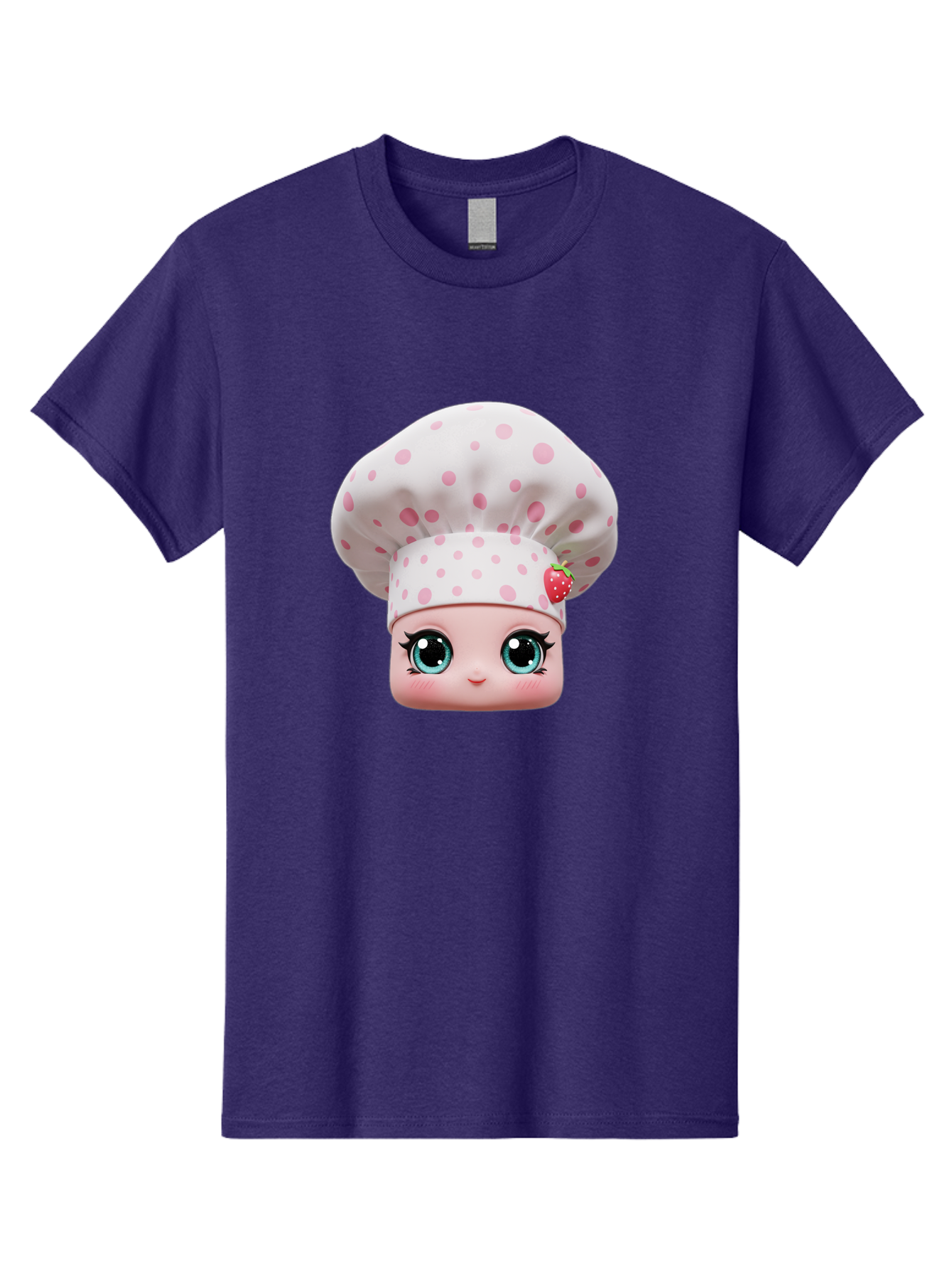 Strawberry-Chef-Head Men'S Graphic Tee, 100% Cotton, Comfortable Casual Summer Wear, Machine Washable, Cartoon Character, Chef Hat, Strawberry Decoration, Pink Polka Dots, Blue Eyes, Pastel Colors, Cute Face, Baking Theme, Sweet Treats, Bad739