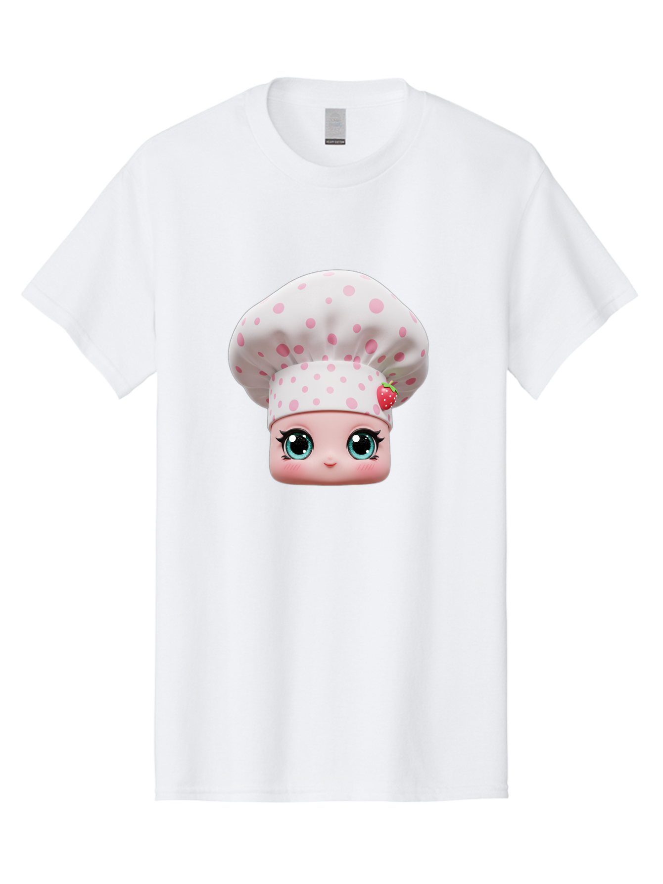 Strawberry-Chef-Head Men'S Graphic Tee, 100% Cotton, Comfortable Casual Summer Wear, Machine Washable, Cartoon Character, Chef Hat, Strawberry Decoration, Pink Polka Dots, Blue Eyes, Pastel Colors, Cute Face, Baking Theme, Sweet Treats, Bad739