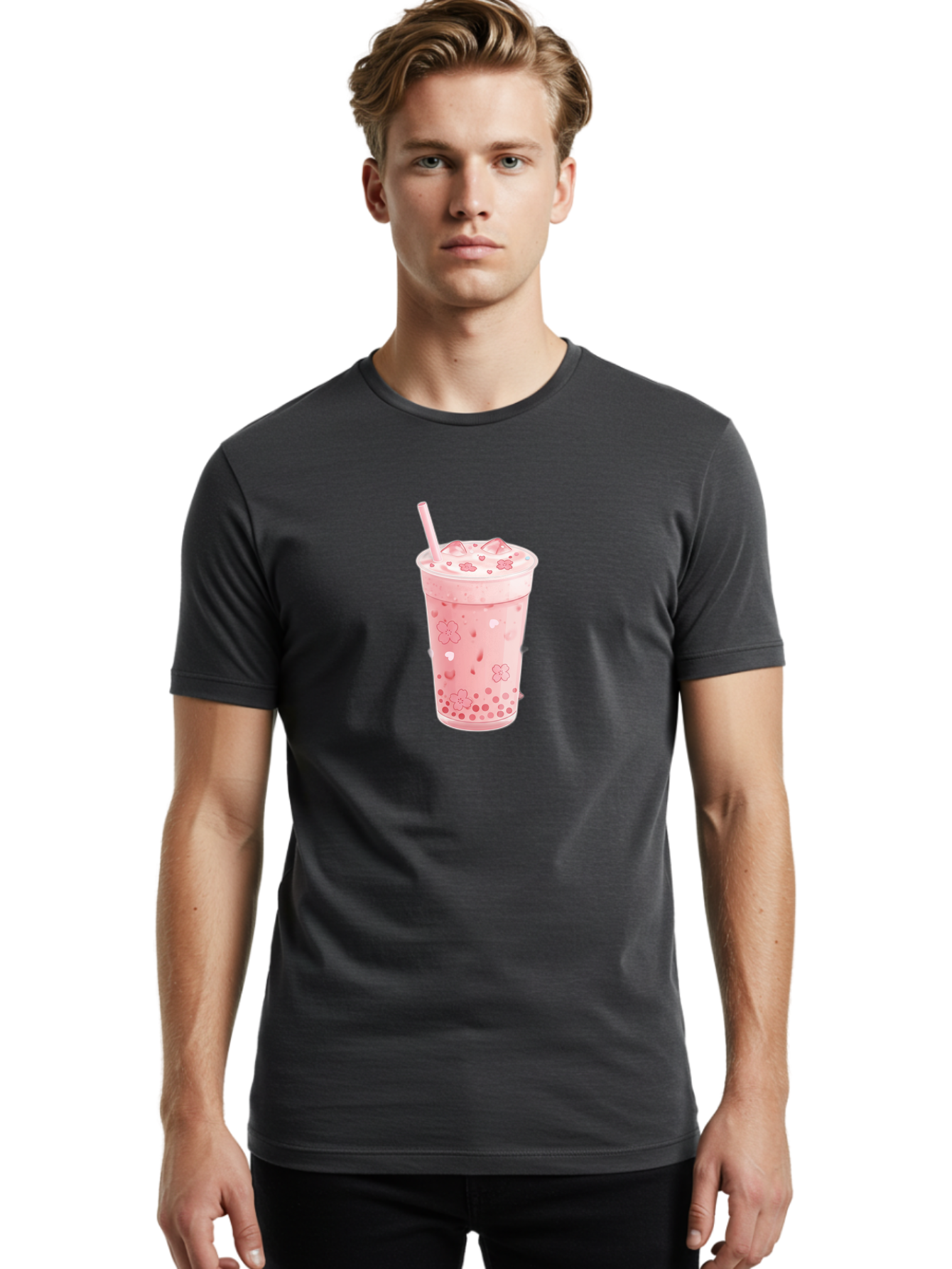 Strawberry-Milk-Tea Men'S Graphic Tee, 100% Cotton, Comfortable Casual Summer Wear, Machine Washable, Pink Milk Tea, Bubble Tea, Boba Drink, Iced Tea, Floral Design, Straw, Creamy Texture, Sweet Treat, Refreshing Beverage, Summer Drink Bad740