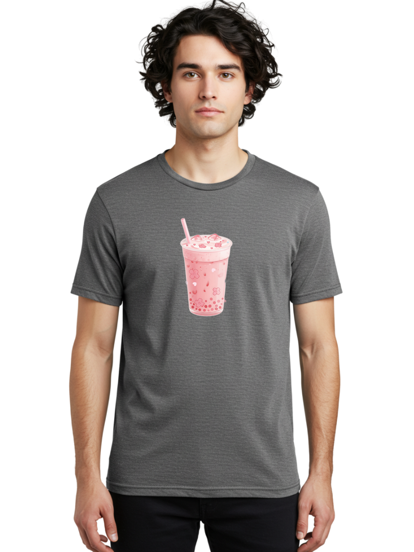Strawberry-Milk-Tea Men'S Graphic Tee, 100% Cotton, Comfortable Casual Summer Wear, Machine Washable, Pink Milk Tea, Bubble Tea, Boba Drink, Iced Tea, Floral Design, Straw, Creamy Texture, Sweet Treat, Refreshing Beverage, Summer Drink Bad740
