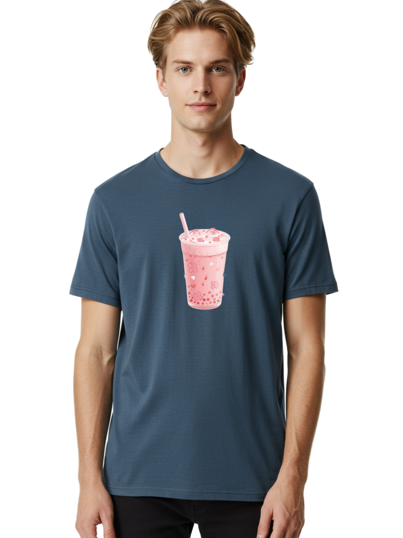 Strawberry-Milk-Tea Men'S Graphic Tee, 100% Cotton, Comfortable Casual Summer Wear, Machine Washable, Pink Milk Tea, Bubble Tea, Boba Drink, Iced Tea, Floral Design, Straw, Creamy Texture, Sweet Treat, Refreshing Beverage, Summer Drink Bad740
