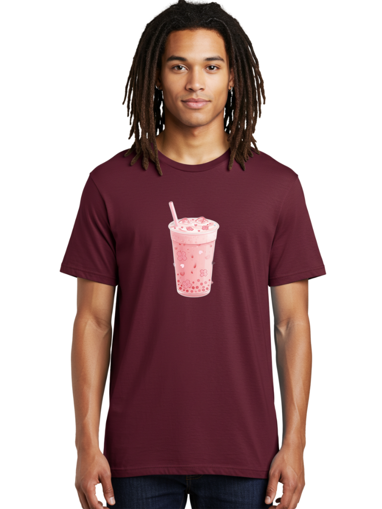 Strawberry-Milk-Tea Men'S Graphic Tee, 100% Cotton, Comfortable Casual Summer Wear, Machine Washable, Pink Milk Tea, Bubble Tea, Boba Drink, Iced Tea, Floral Design, Straw, Creamy Texture, Sweet Treat, Refreshing Beverage, Summer Drink Bad740