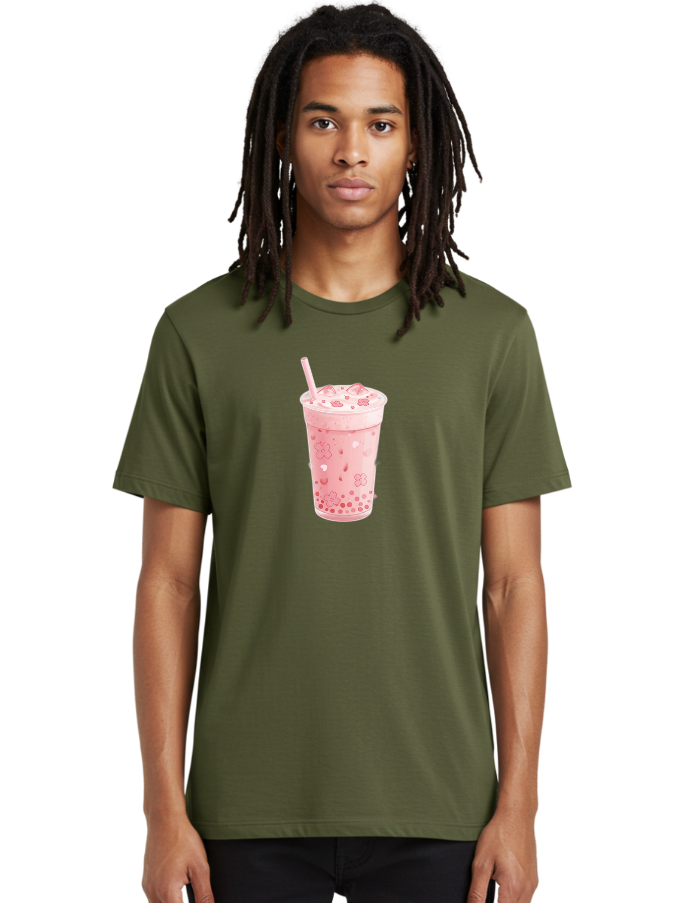 Strawberry-Milk-Tea Men'S Graphic Tee, 100% Cotton, Comfortable Casual Summer Wear, Machine Washable, Pink Milk Tea, Bubble Tea, Boba Drink, Iced Tea, Floral Design, Straw, Creamy Texture, Sweet Treat, Refreshing Beverage, Summer Drink Bad740