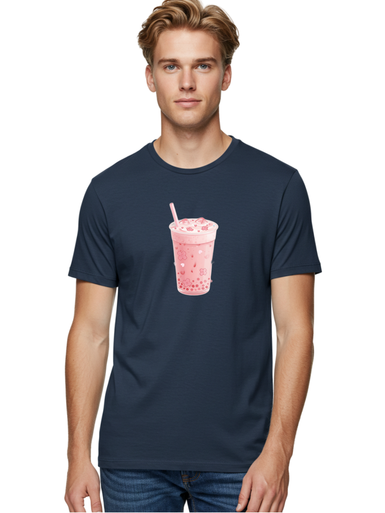 Strawberry-Milk-Tea Men'S Graphic Tee, 100% Cotton, Comfortable Casual Summer Wear, Machine Washable, Pink Milk Tea, Bubble Tea, Boba Drink, Iced Tea, Floral Design, Straw, Creamy Texture, Sweet Treat, Refreshing Beverage, Summer Drink Bad740