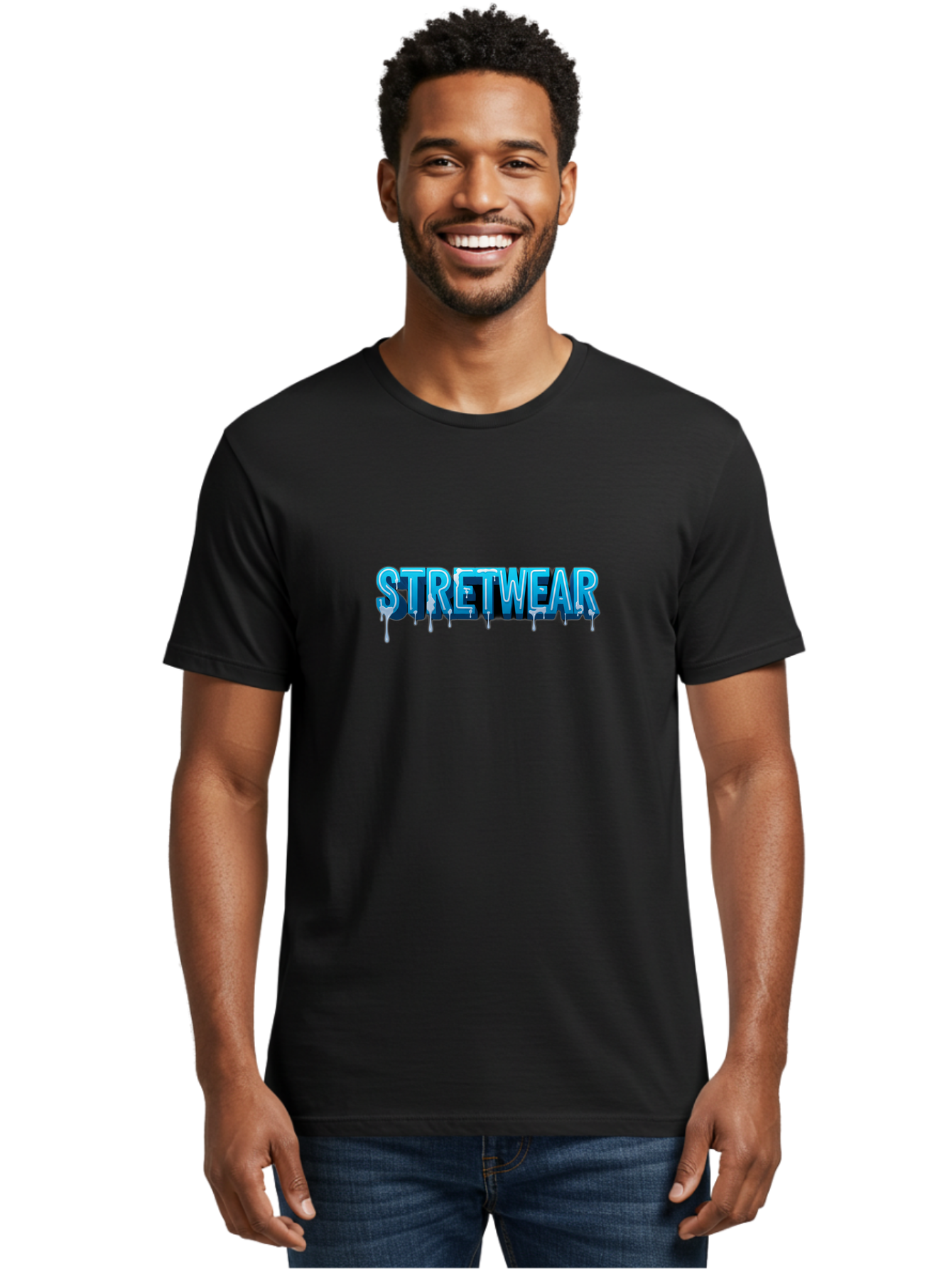 Stretwear-1 Men'S Graphic Tee, 100% Cotton, Comfortable Casual Summer Wear, Machine Washable, Streetwear Fashion, Urban Style, Graffiti Art, Dripping Effect, 3D Text, Blue Font, Street Culture, Clothing Brand, Edgy Design Bad747