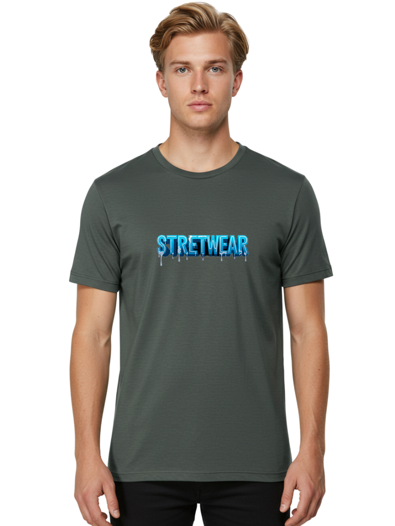 Stretwear-1 Men'S Graphic Tee, 100% Cotton, Comfortable Casual Summer Wear, Machine Washable, Streetwear Fashion, Urban Style, Graffiti Art, Dripping Effect, 3D Text, Blue Font, Street Culture, Clothing Brand, Edgy Design Bad747