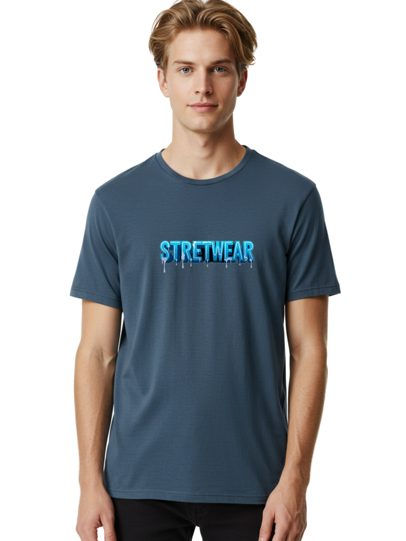 Stretwear-1 Men'S Graphic Tee, 100% Cotton, Comfortable Casual Summer Wear, Machine Washable, Streetwear Fashion, Urban Style, Graffiti Art, Dripping Effect, 3D Text, Blue Font, Street Culture, Clothing Brand, Edgy Design Bad747