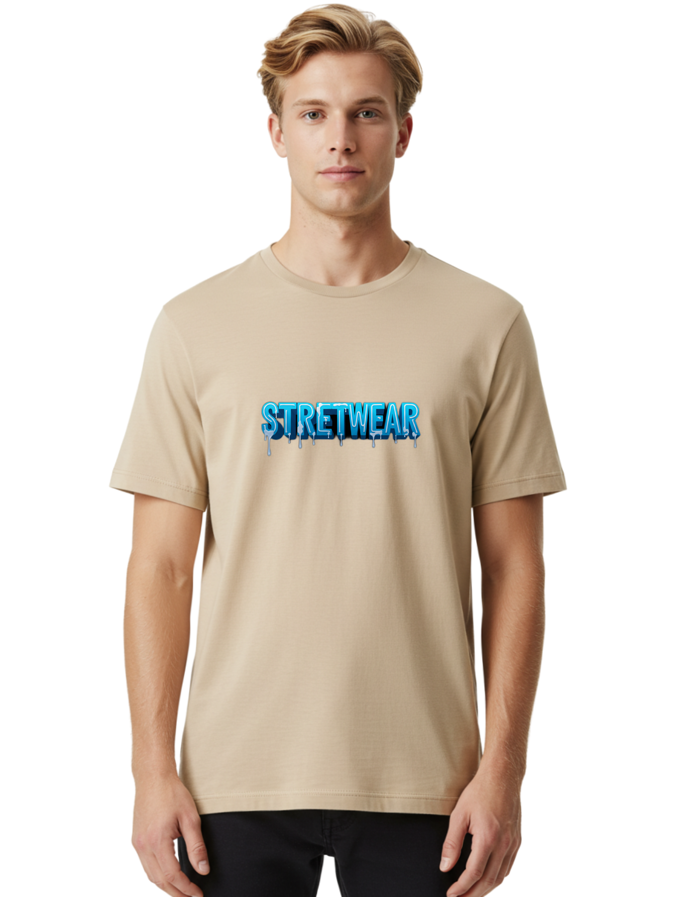 Stretwear-1 Men'S Graphic Tee, 100% Cotton, Comfortable Casual Summer Wear, Machine Washable, Streetwear Fashion, Urban Style, Graffiti Art, Dripping Effect, 3D Text, Blue Font, Street Culture, Clothing Brand, Edgy Design Bad747