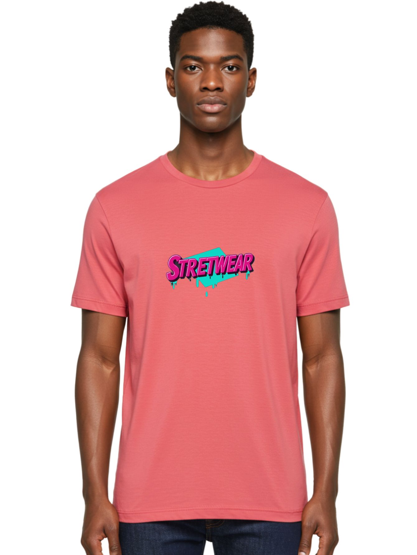 Stretwear-4 Men'S Graphic Tee, 100% Cotton, Comfortable Casual Summer Wear, Machine Washable, Streetwear Fashion, Urban Style, Bold Typography, Graffiti Art, Pink And Blue Colors, Edgy Design, Contemporary Fashion Trends, Stylish Clothing, Bad750
