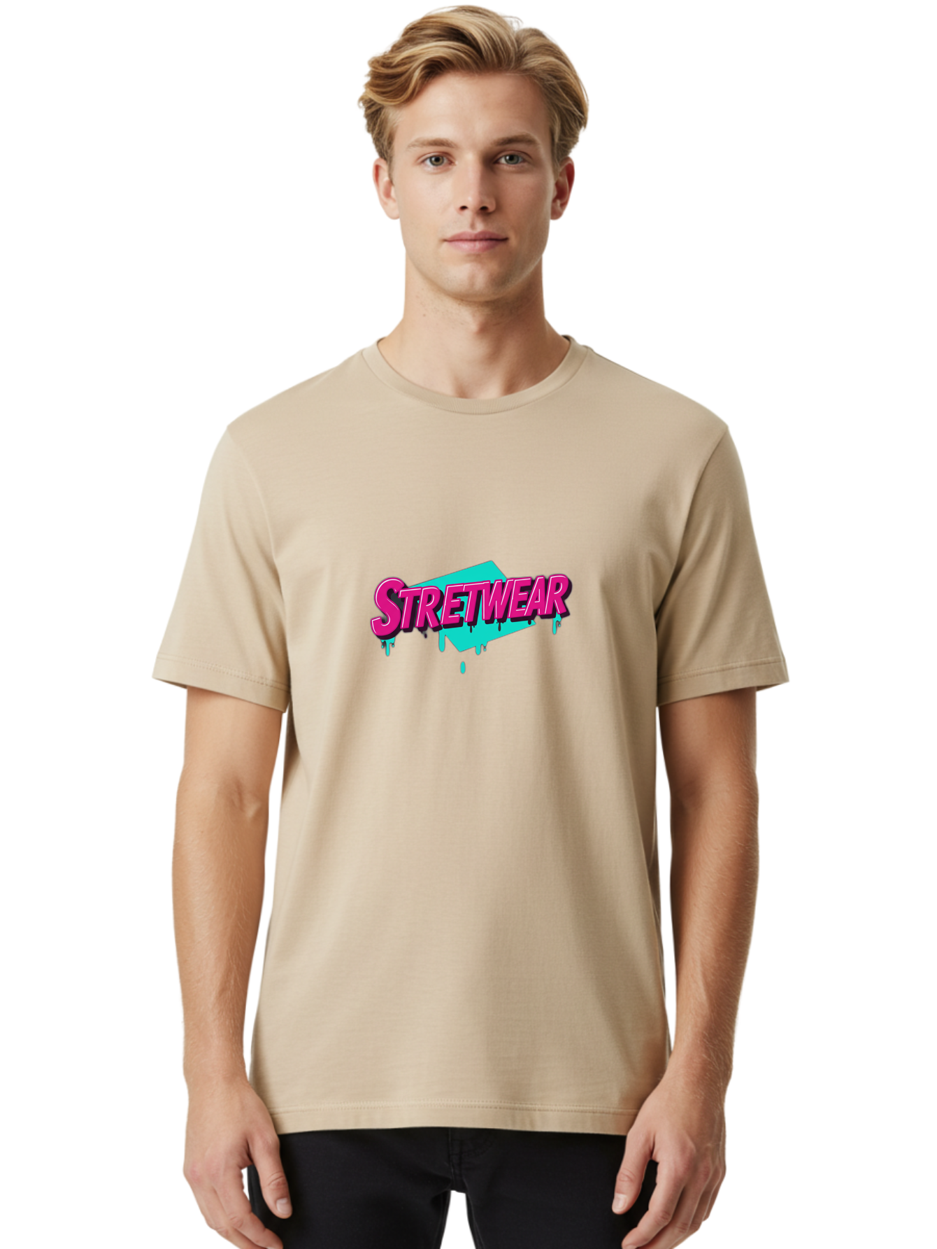 Stretwear-4 Men'S Graphic Tee, 100% Cotton, Comfortable Casual Summer Wear, Machine Washable, Streetwear Fashion, Urban Style, Bold Typography, Graffiti Art, Pink And Blue Colors, Edgy Design, Contemporary Fashion Trends, Stylish Clothing, Bad750