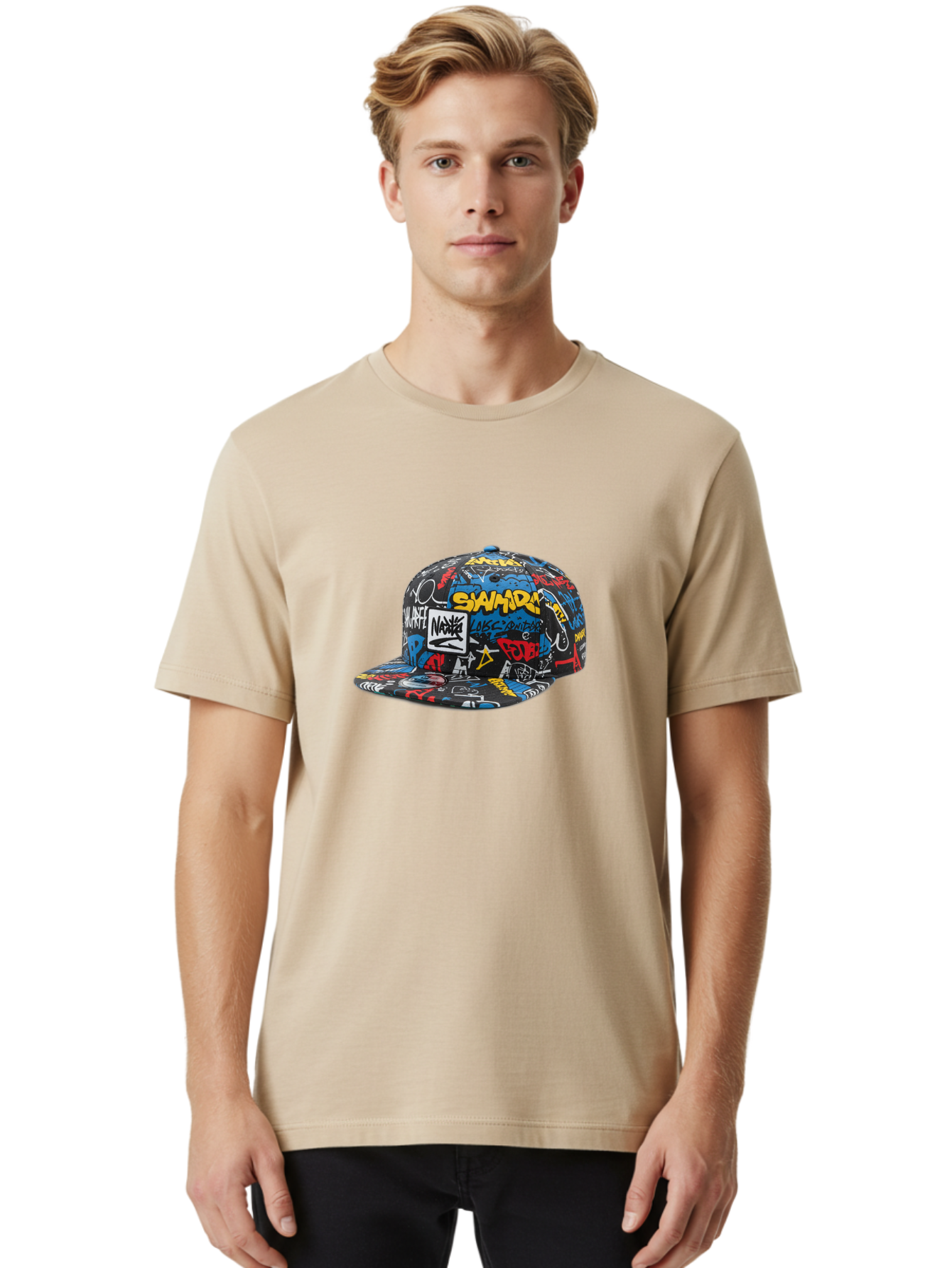 Stussy-Graffiti-Baseball-Cap Men'S Graphic Tee, 100% Cotton, Comfortable Casual Summer Wear, Machine Washable, Graffiti Cap, Streetwear Fashion, Urban Style, Bold Designs, Vibrant Colors, Stüssy Branding, Casual Wear, Skateboarding Culture, Bad757