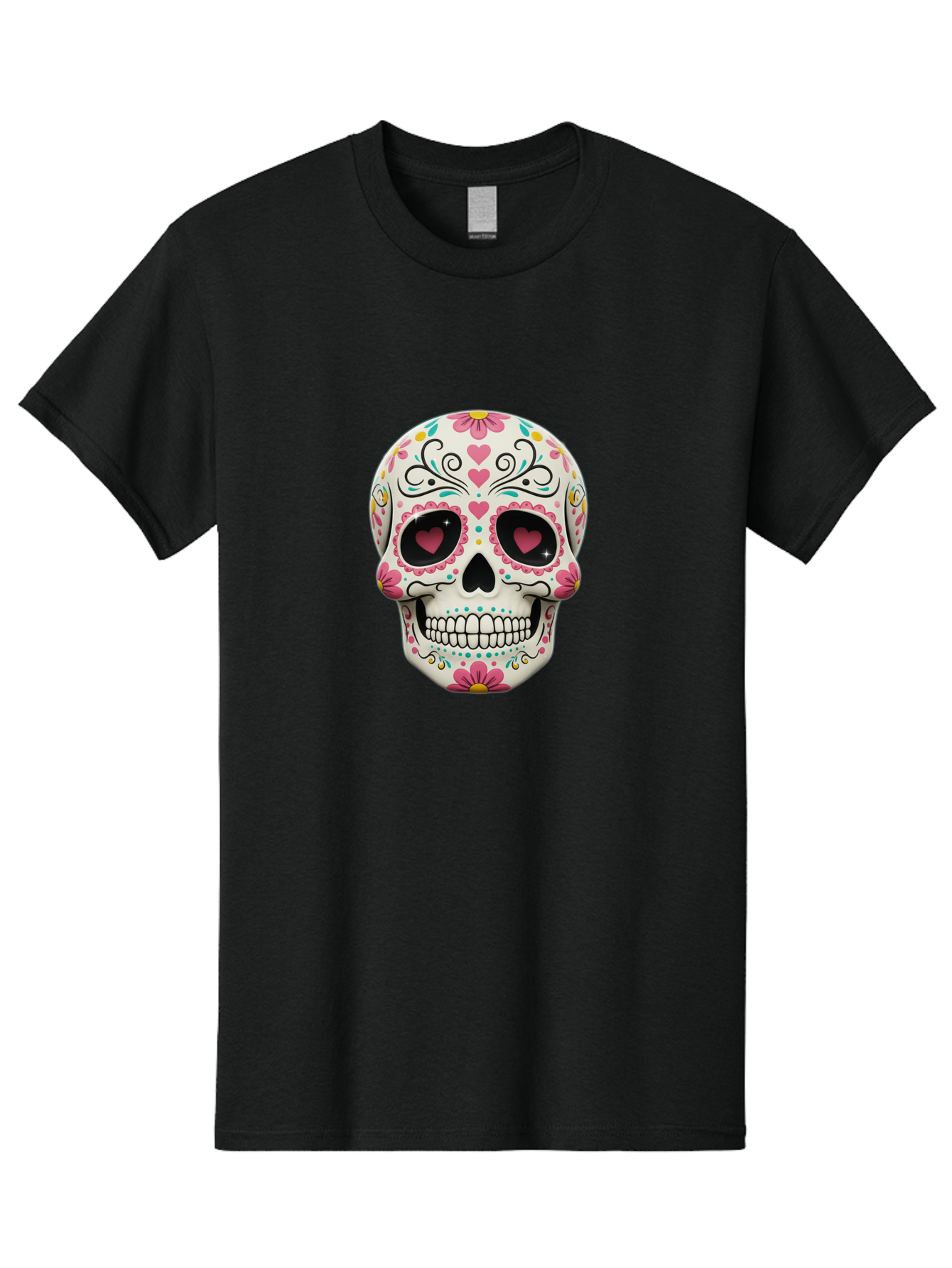 Sugar-Skull-1 Men'S Graphic Tee, 100% Cotton, Comfortable Casual Summer Wear, Machine Washable, Sugar Skull, Day Of The Dead, Floral Designs, Heart-Shaped Eyes, Vibrant Colors, Festive Decoration, Mexican Culture, Intricate Patterns, Skull Art Bad758