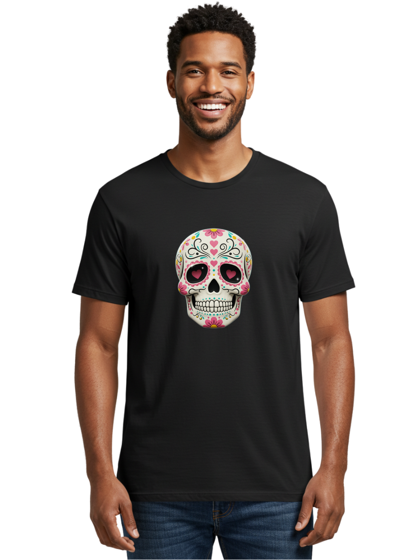 Sugar-Skull-1 Men'S Graphic Tee, 100% Cotton, Comfortable Casual Summer Wear, Machine Washable, Sugar Skull, Day Of The Dead, Floral Designs, Heart-Shaped Eyes, Vibrant Colors, Festive Decoration, Mexican Culture, Intricate Patterns, Skull Art Bad758