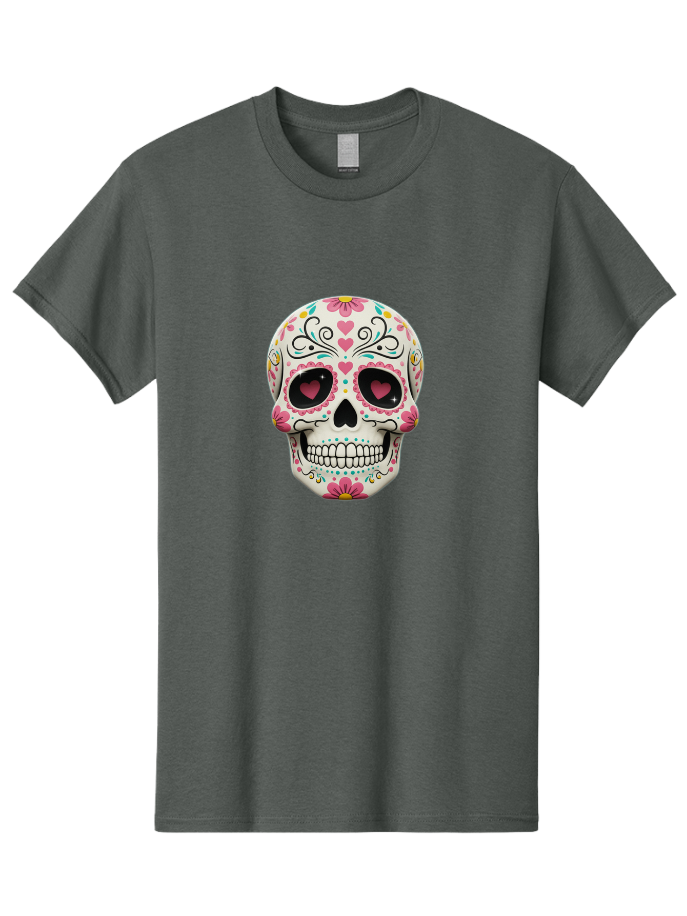 Sugar-Skull-1 Men'S Graphic Tee, 100% Cotton, Comfortable Casual Summer Wear, Machine Washable, Sugar Skull, Day Of The Dead, Floral Designs, Heart-Shaped Eyes, Vibrant Colors, Festive Decoration, Mexican Culture, Intricate Patterns, Skull Art Bad758
