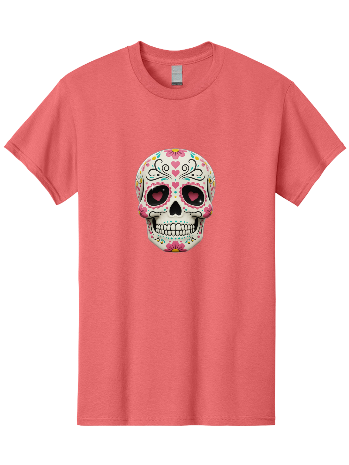 Sugar-Skull-1 Men'S Graphic Tee, 100% Cotton, Comfortable Casual Summer Wear, Machine Washable, Sugar Skull, Day Of The Dead, Floral Designs, Heart-Shaped Eyes, Vibrant Colors, Festive Decoration, Mexican Culture, Intricate Patterns, Skull Art Bad758