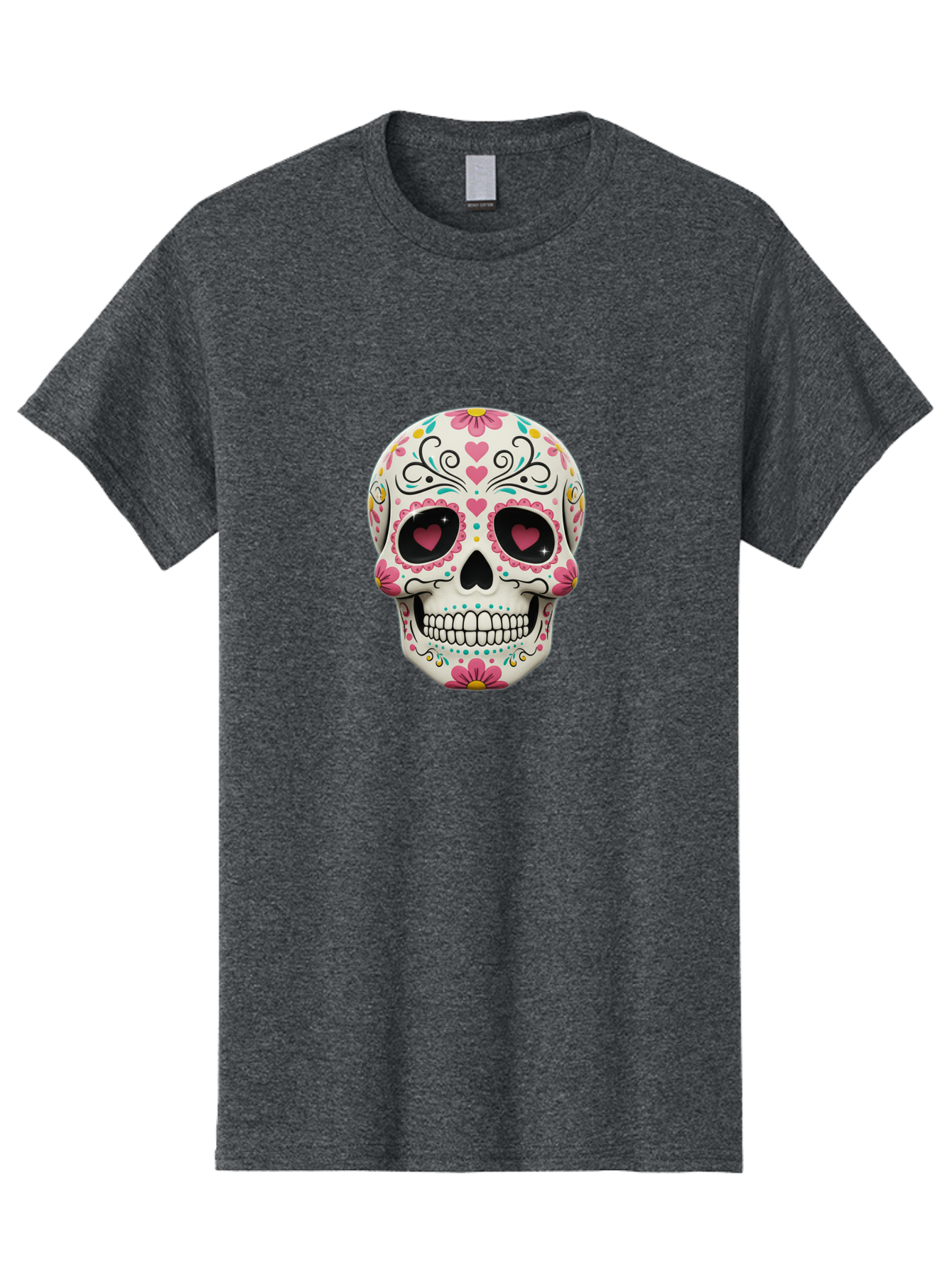 Sugar-Skull-1 Men'S Graphic Tee, 100% Cotton, Comfortable Casual Summer Wear, Machine Washable, Sugar Skull, Day Of The Dead, Floral Designs, Heart-Shaped Eyes, Vibrant Colors, Festive Decoration, Mexican Culture, Intricate Patterns, Skull Art Bad758