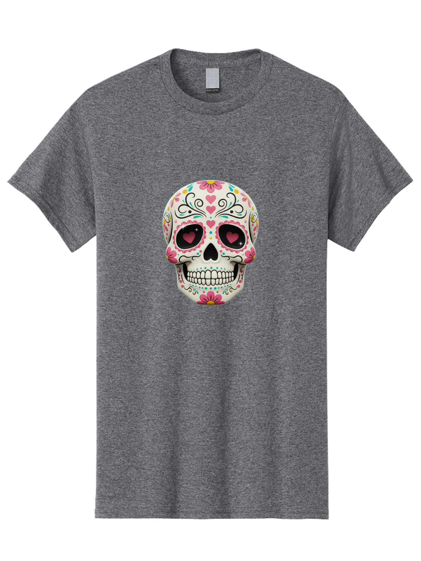 Sugar-Skull-1 Men'S Graphic Tee, 100% Cotton, Comfortable Casual Summer Wear, Machine Washable, Sugar Skull, Day Of The Dead, Floral Designs, Heart-Shaped Eyes, Vibrant Colors, Festive Decoration, Mexican Culture, Intricate Patterns, Skull Art Bad758