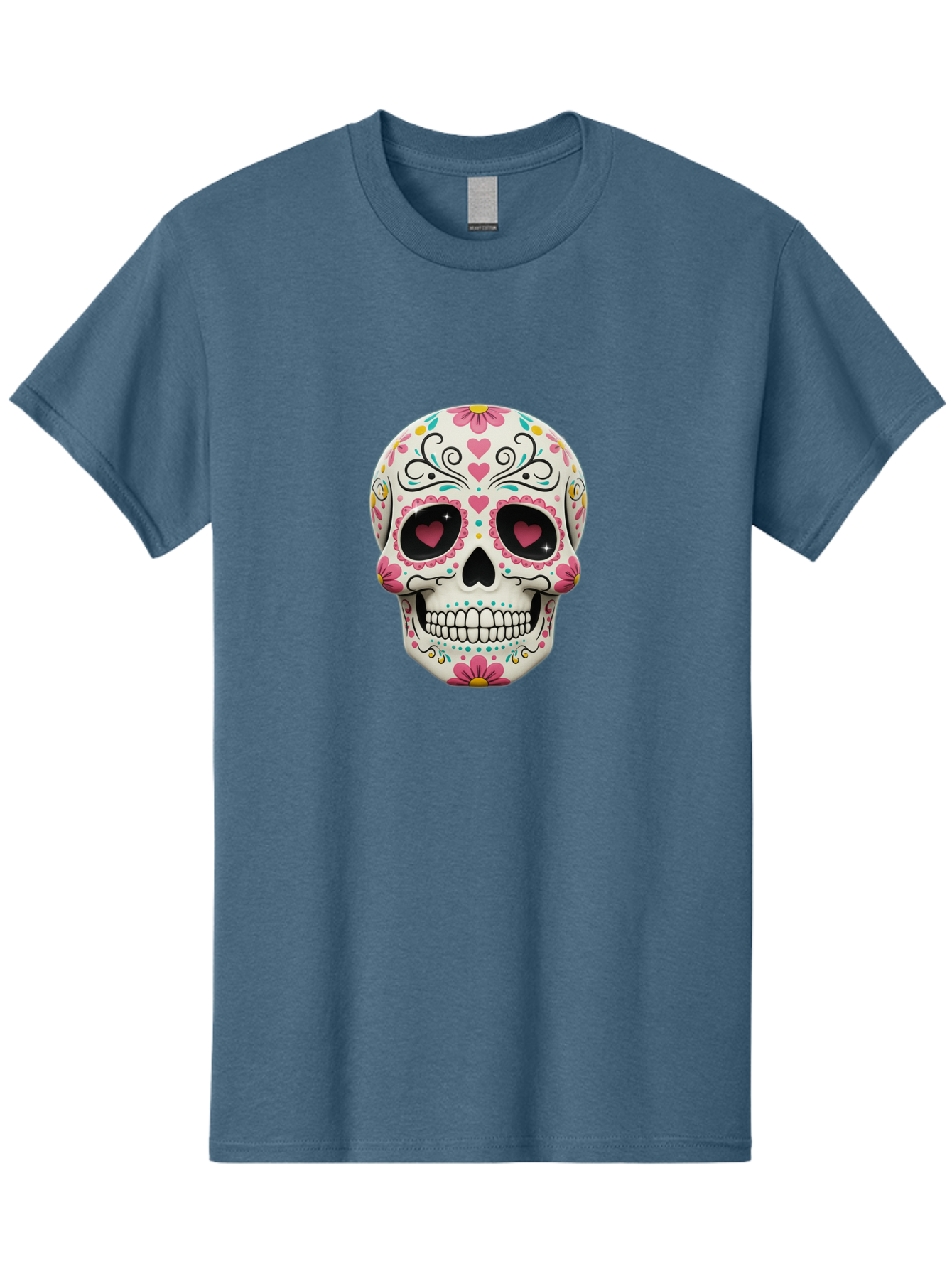 Sugar-Skull-1 Men'S Graphic Tee, 100% Cotton, Comfortable Casual Summer Wear, Machine Washable, Sugar Skull, Day Of The Dead, Floral Designs, Heart-Shaped Eyes, Vibrant Colors, Festive Decoration, Mexican Culture, Intricate Patterns, Skull Art Bad758