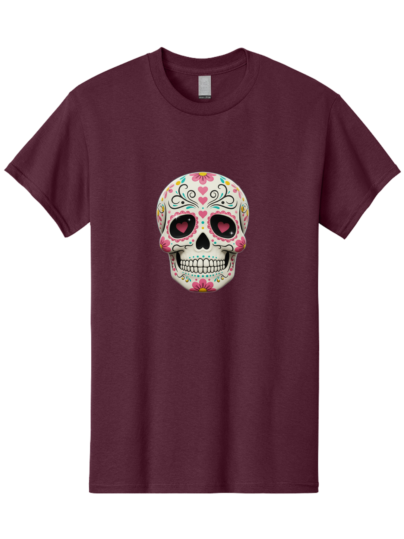 Sugar-Skull-1 Men'S Graphic Tee, 100% Cotton, Comfortable Casual Summer Wear, Machine Washable, Sugar Skull, Day Of The Dead, Floral Designs, Heart-Shaped Eyes, Vibrant Colors, Festive Decoration, Mexican Culture, Intricate Patterns, Skull Art Bad758