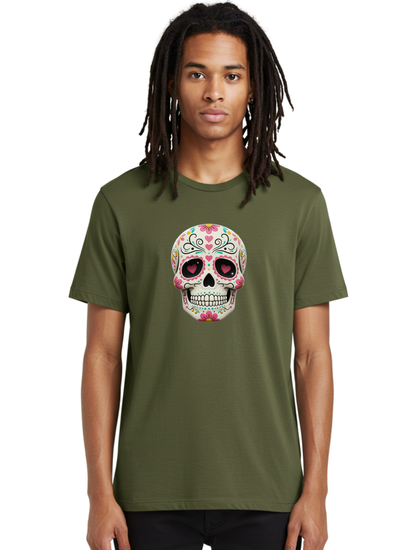 Sugar-Skull-1 Men'S Graphic Tee, 100% Cotton, Comfortable Casual Summer Wear, Machine Washable, Sugar Skull, Day Of The Dead, Floral Designs, Heart-Shaped Eyes, Vibrant Colors, Festive Decoration, Mexican Culture, Intricate Patterns, Skull Art Bad758