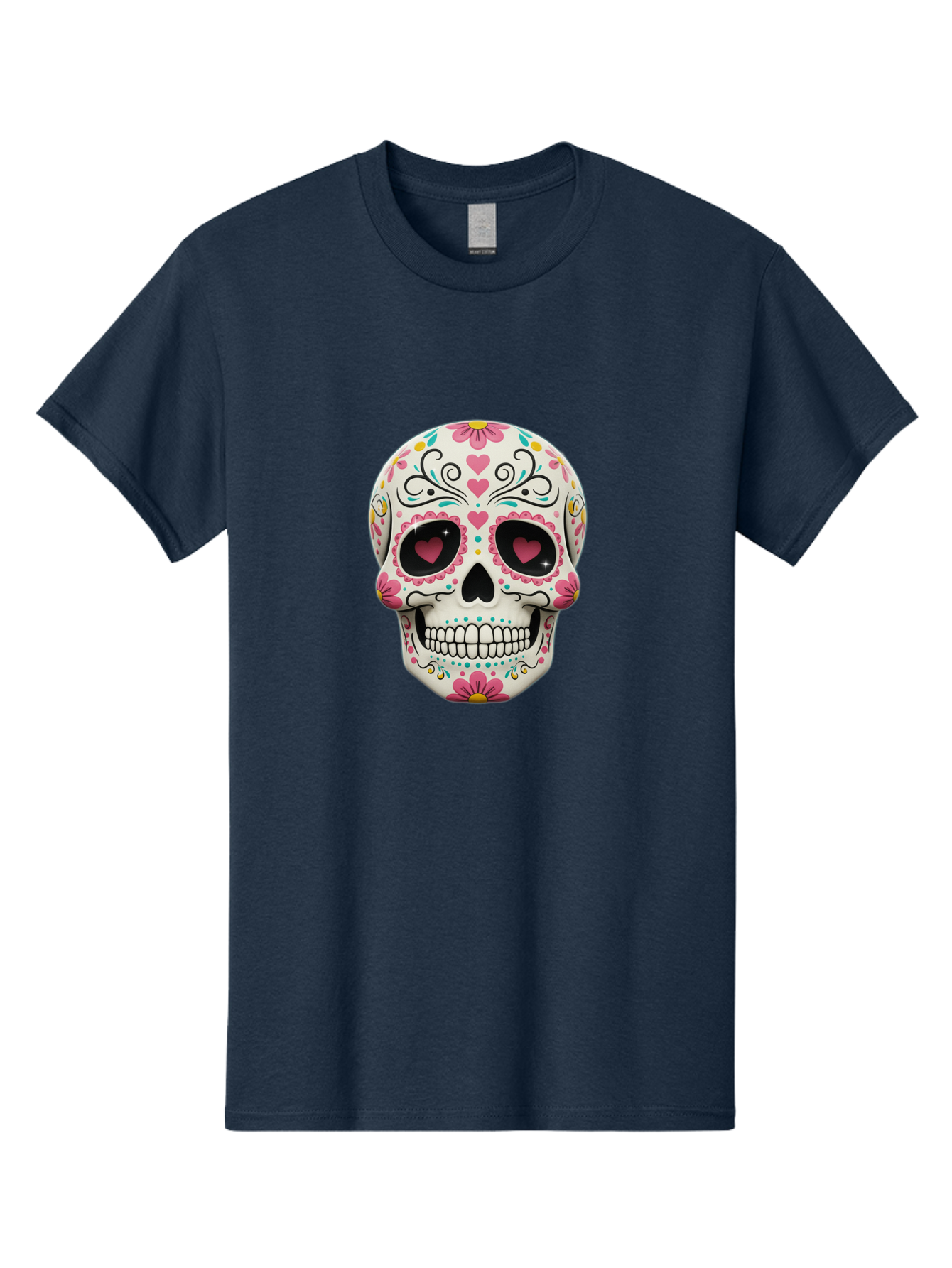 Sugar-Skull-1 Men'S Graphic Tee, 100% Cotton, Comfortable Casual Summer Wear, Machine Washable, Sugar Skull, Day Of The Dead, Floral Designs, Heart-Shaped Eyes, Vibrant Colors, Festive Decoration, Mexican Culture, Intricate Patterns, Skull Art Bad758