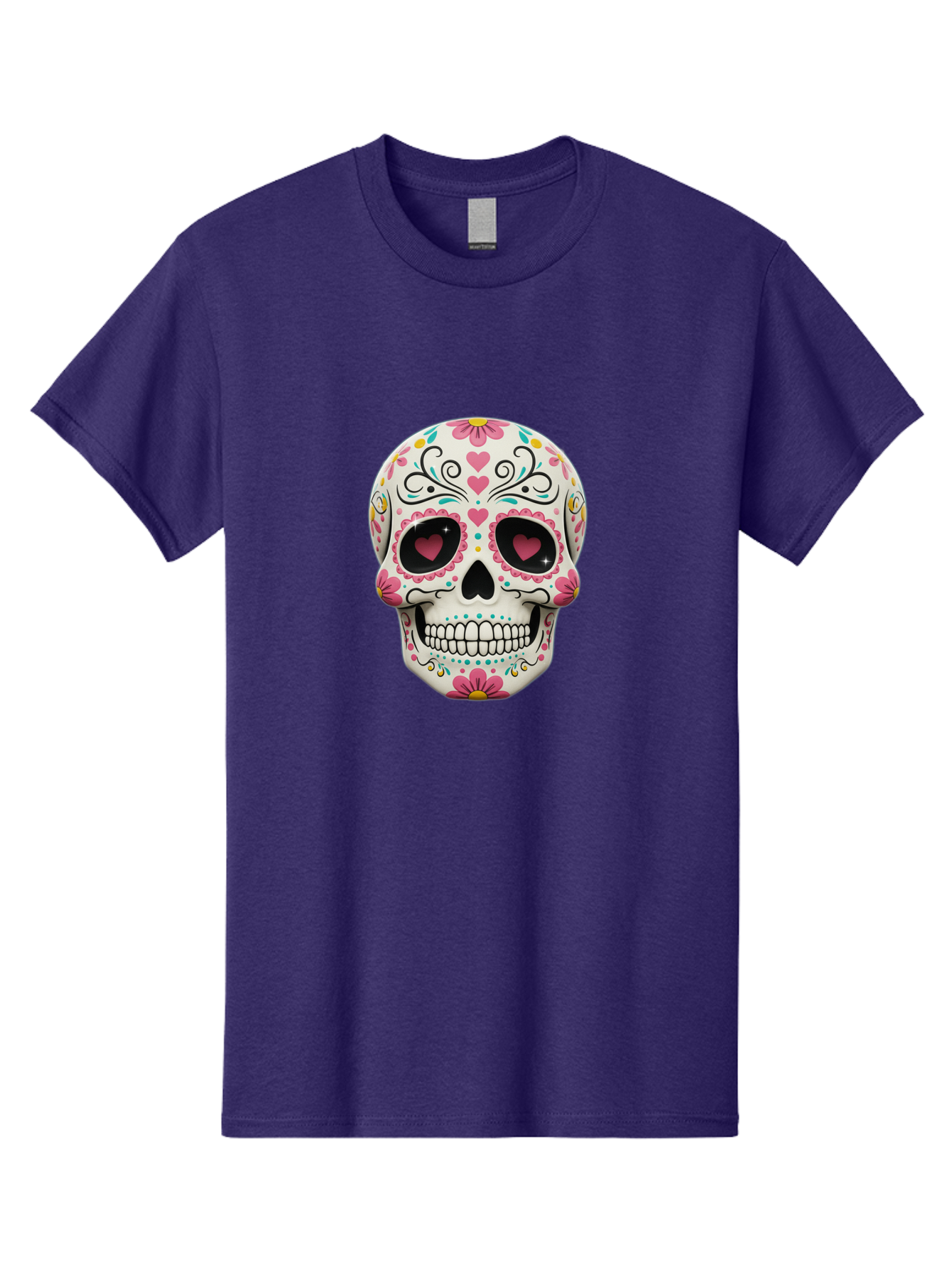 Sugar-Skull-1 Men'S Graphic Tee, 100% Cotton, Comfortable Casual Summer Wear, Machine Washable, Sugar Skull, Day Of The Dead, Floral Designs, Heart-Shaped Eyes, Vibrant Colors, Festive Decoration, Mexican Culture, Intricate Patterns, Skull Art Bad758