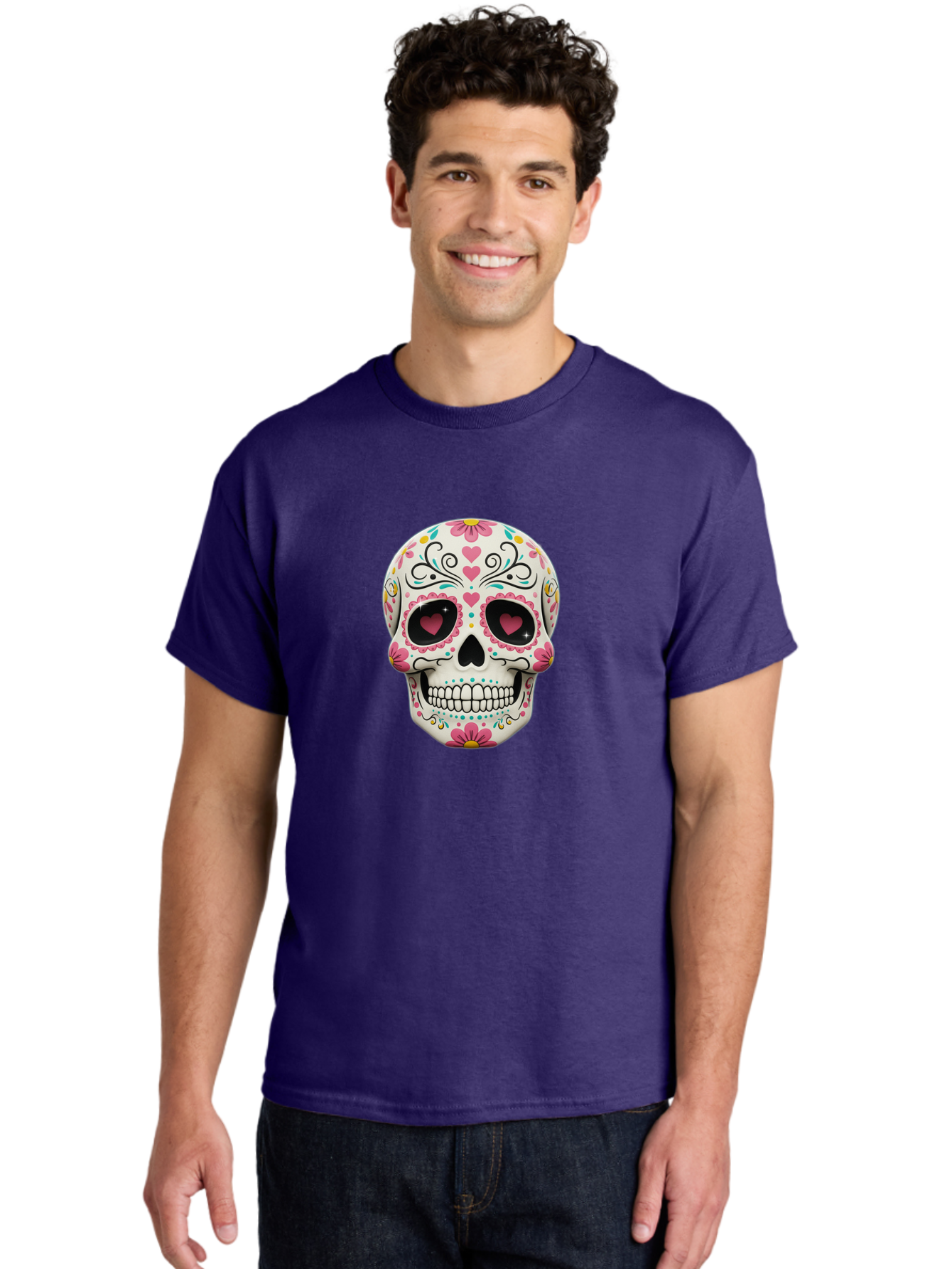 Sugar-Skull-1 Men'S Graphic Tee, 100% Cotton, Comfortable Casual Summer Wear, Machine Washable, Sugar Skull, Day Of The Dead, Floral Designs, Heart-Shaped Eyes, Vibrant Colors, Festive Decoration, Mexican Culture, Intricate Patterns, Skull Art Bad758