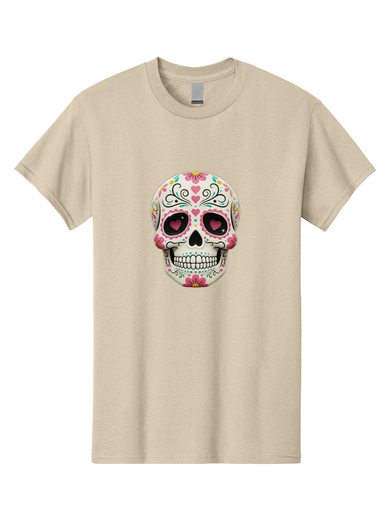 Sugar-Skull-1 Men'S Graphic Tee, 100% Cotton, Comfortable Casual Summer Wear, Machine Washable, Sugar Skull, Day Of The Dead, Floral Designs, Heart-Shaped Eyes, Vibrant Colors, Festive Decoration, Mexican Culture, Intricate Patterns, Skull Art Bad758