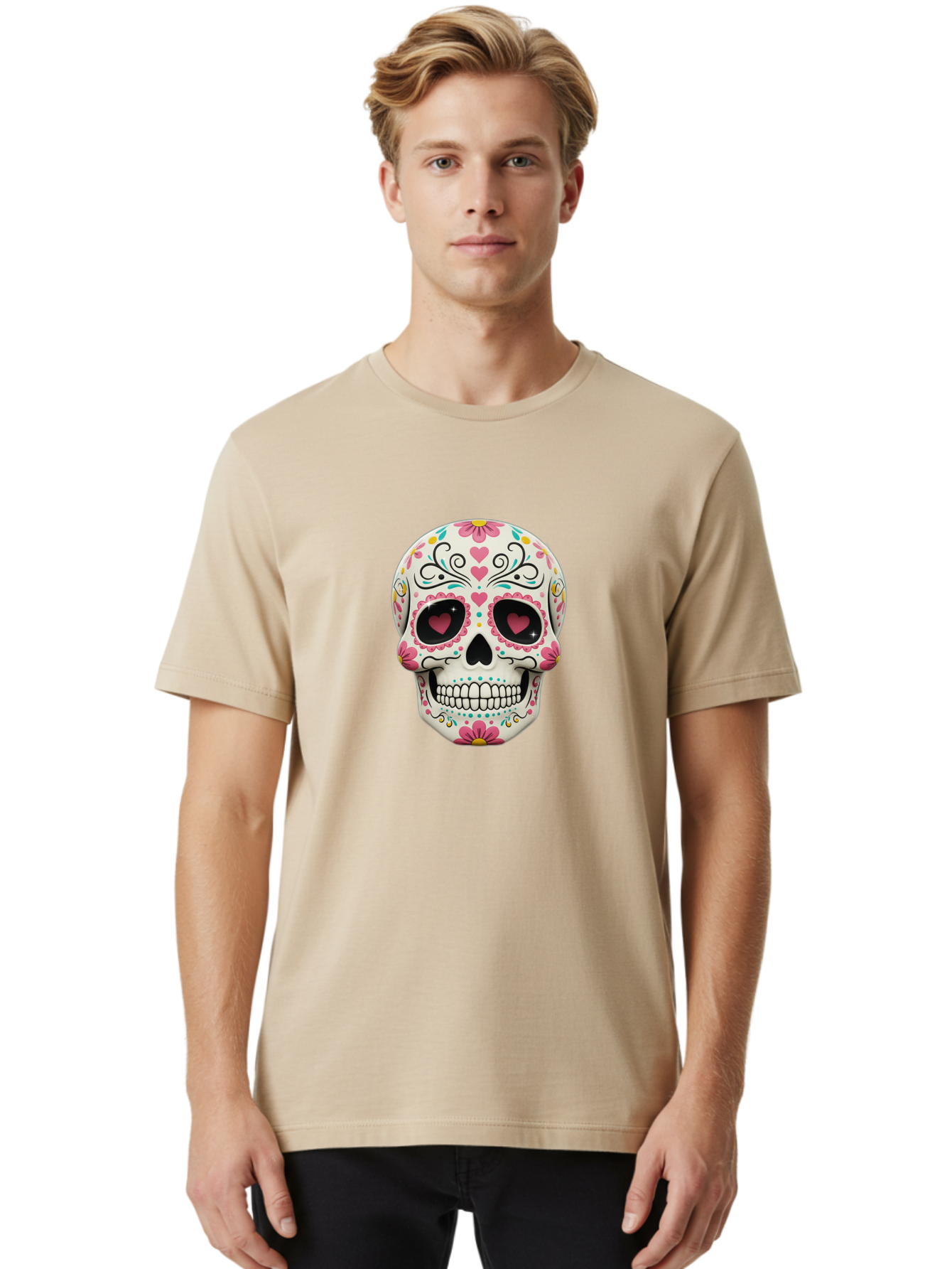 Sugar-Skull-1 Men'S Graphic Tee, 100% Cotton, Comfortable Casual Summer Wear, Machine Washable, Sugar Skull, Day Of The Dead, Floral Designs, Heart-Shaped Eyes, Vibrant Colors, Festive Decoration, Mexican Culture, Intricate Patterns, Skull Art Bad758
