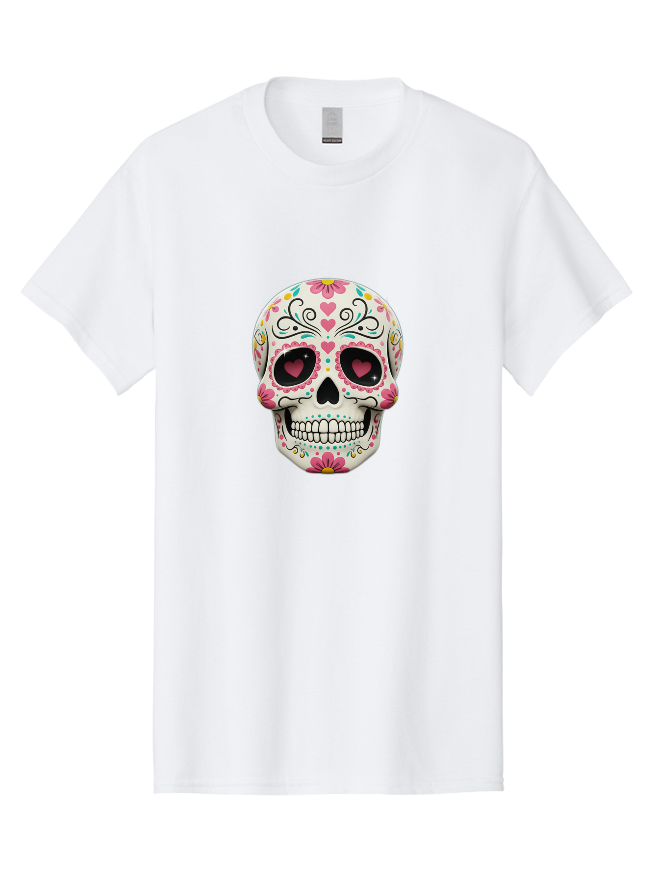 Sugar-Skull-1 Men'S Graphic Tee, 100% Cotton, Comfortable Casual Summer Wear, Machine Washable, Sugar Skull, Day Of The Dead, Floral Designs, Heart-Shaped Eyes, Vibrant Colors, Festive Decoration, Mexican Culture, Intricate Patterns, Skull Art Bad758