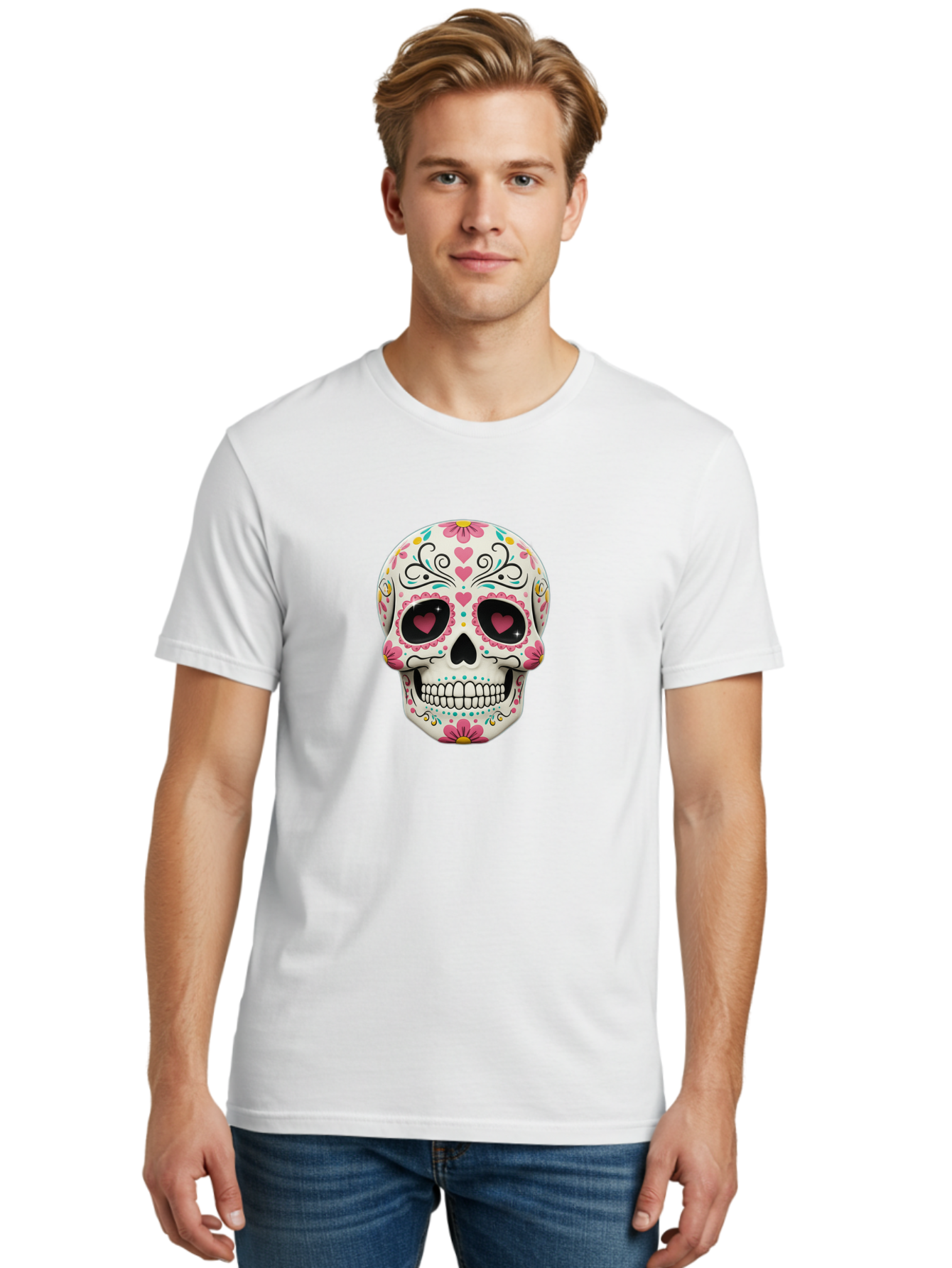 Sugar-Skull-1 Men'S Graphic Tee, 100% Cotton, Comfortable Casual Summer Wear, Machine Washable, Sugar Skull, Day Of The Dead, Floral Designs, Heart-Shaped Eyes, Vibrant Colors, Festive Decoration, Mexican Culture, Intricate Patterns, Skull Art Bad758
