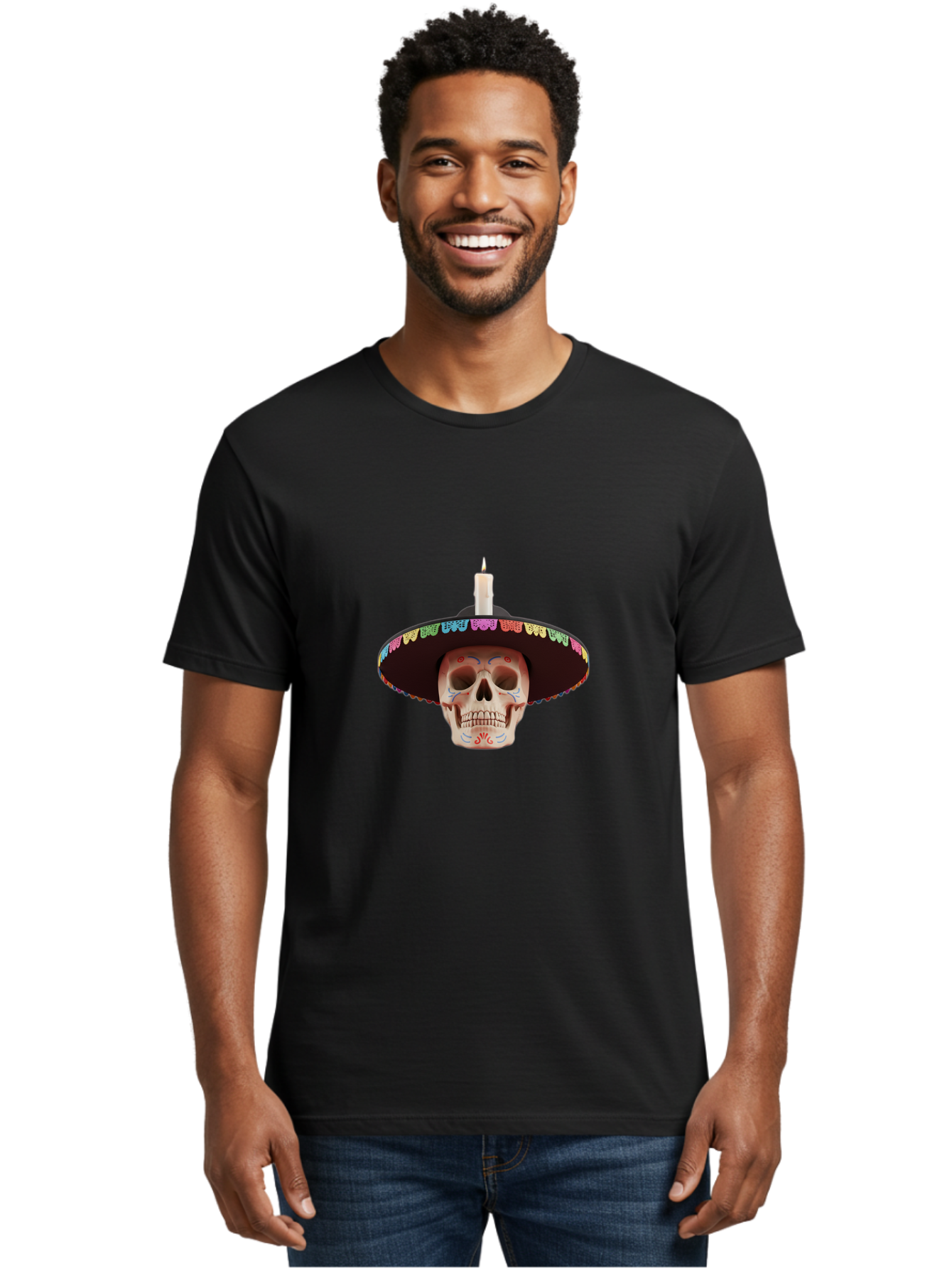 Sugar-Skull-10 Men'S Graphic Tee, 100% Cotton, Comfortable Casual Summer Wear, Machine Washable, Sugar Skull With Sombrero, Dia De Los Muertos, Colorful Decorations, Traditional Mexican Art, Vibrant Culture, Festive Spirit, Unique Design, Bad759