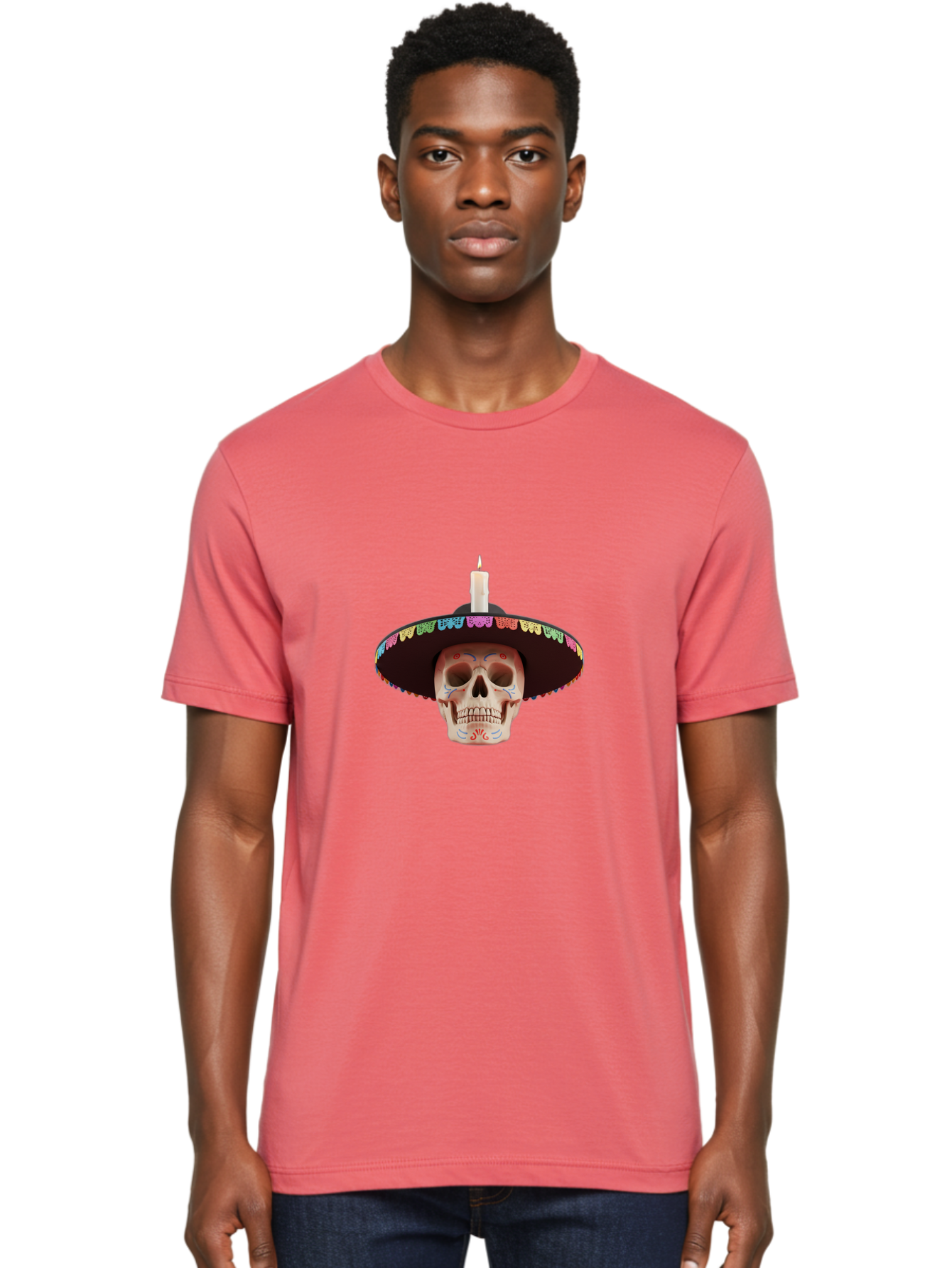 Sugar-Skull-10 Men'S Graphic Tee, 100% Cotton, Comfortable Casual Summer Wear, Machine Washable, Sugar Skull With Sombrero, Dia De Los Muertos, Colorful Decorations, Traditional Mexican Art, Vibrant Culture, Festive Spirit, Unique Design, Bad759