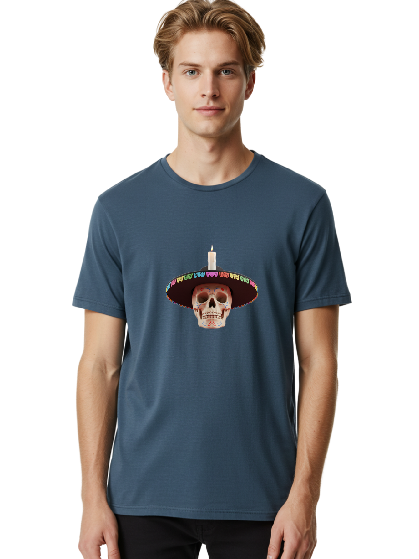 Sugar-Skull-10 Men'S Graphic Tee, 100% Cotton, Comfortable Casual Summer Wear, Machine Washable, Sugar Skull With Sombrero, Dia De Los Muertos, Colorful Decorations, Traditional Mexican Art, Vibrant Culture, Festive Spirit, Unique Design, Bad759