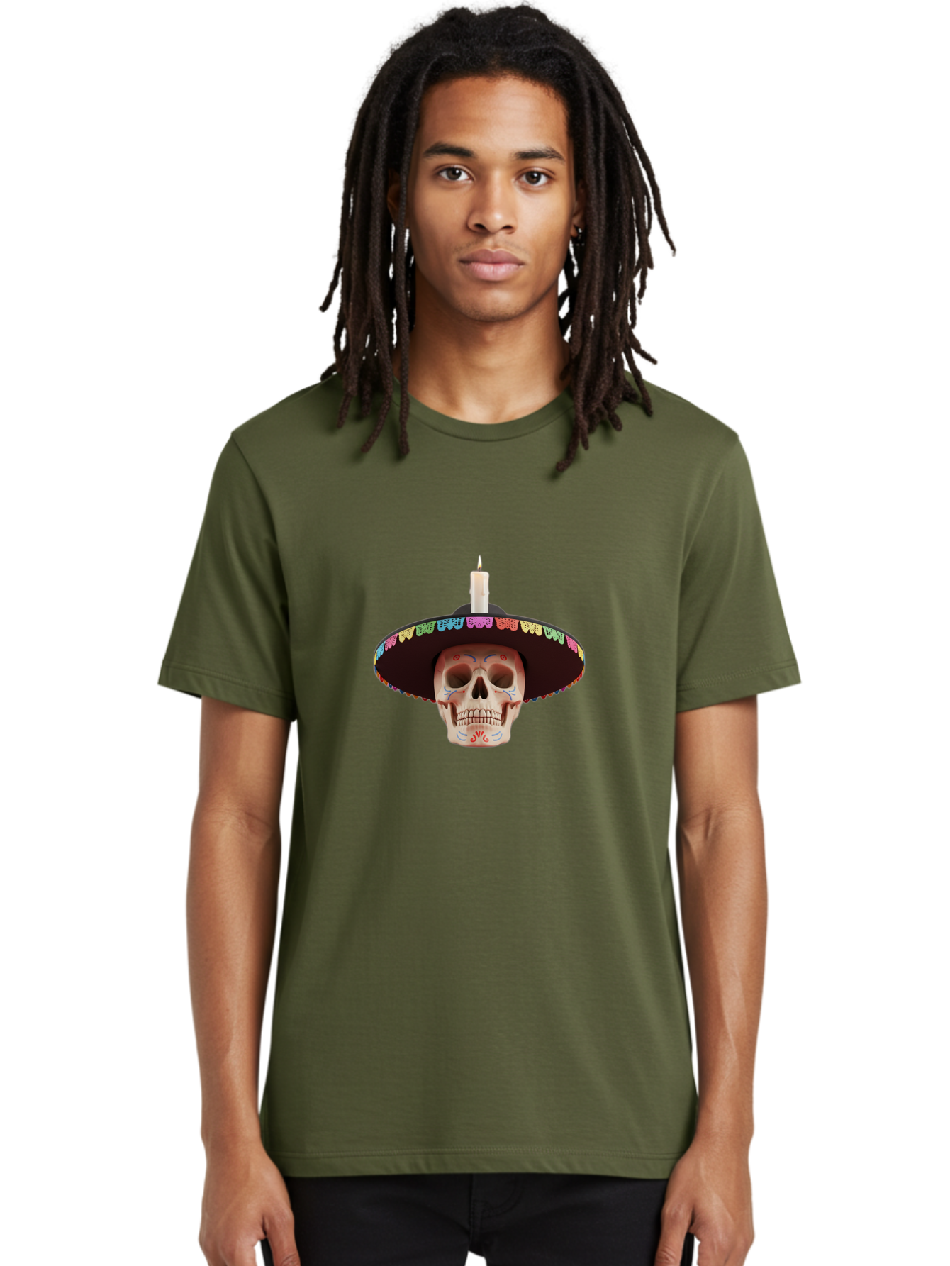 Sugar-Skull-10 Men'S Graphic Tee, 100% Cotton, Comfortable Casual Summer Wear, Machine Washable, Sugar Skull With Sombrero, Dia De Los Muertos, Colorful Decorations, Traditional Mexican Art, Vibrant Culture, Festive Spirit, Unique Design, Bad759