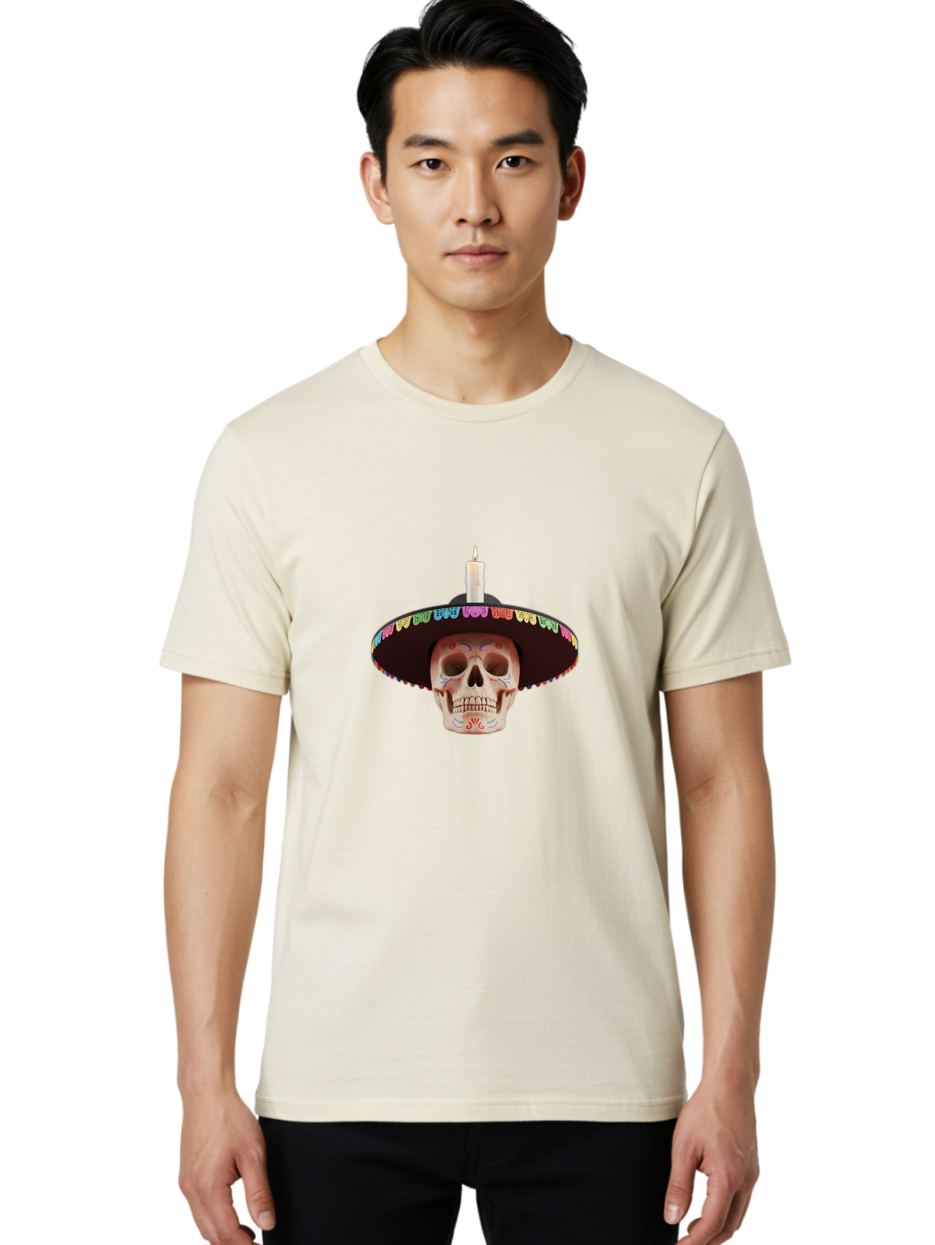 Sugar-Skull-10 Men'S Graphic Tee, 100% Cotton, Comfortable Casual Summer Wear, Machine Washable, Sugar Skull With Sombrero, Dia De Los Muertos, Colorful Decorations, Traditional Mexican Art, Vibrant Culture, Festive Spirit, Unique Design, Bad759